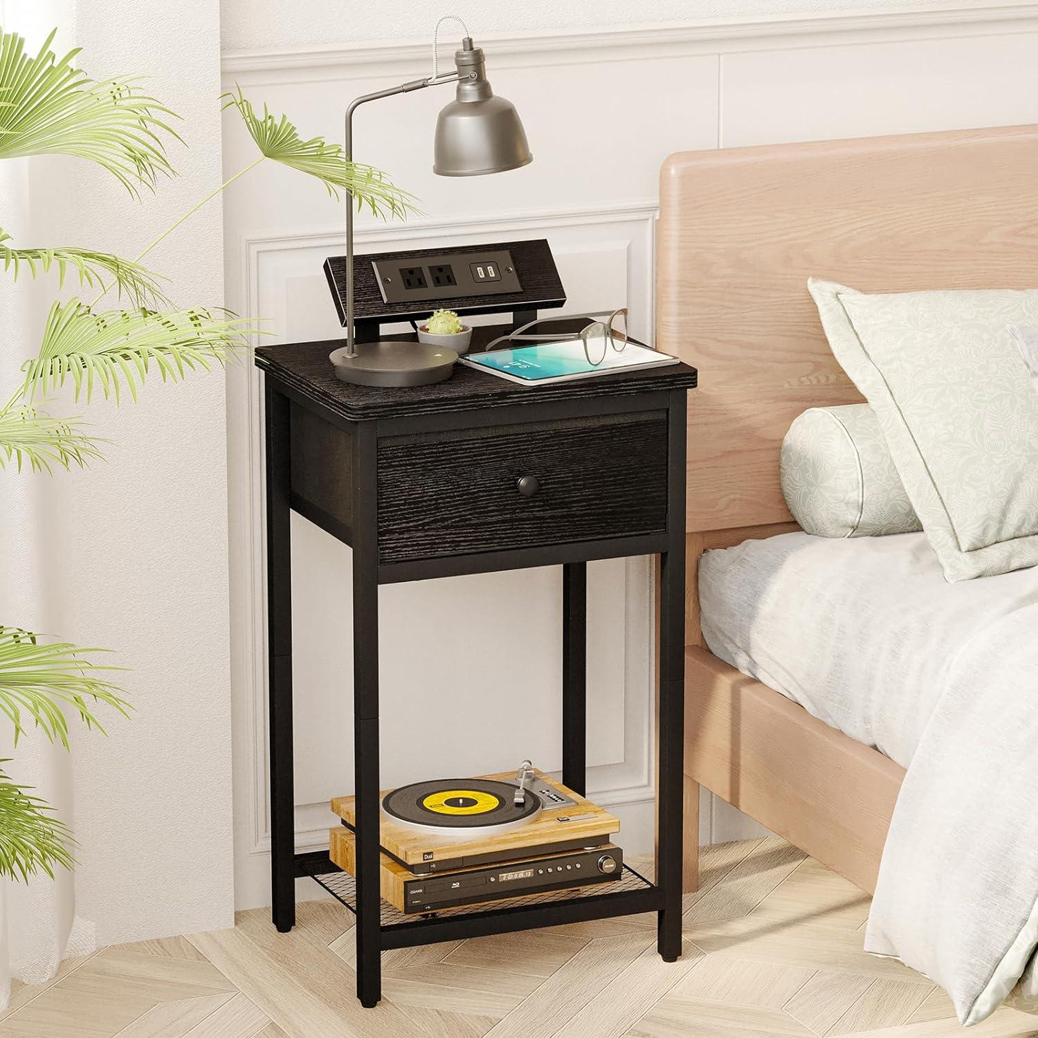 Wooden End Table with Power Outlet & USB Port (Set of 2)