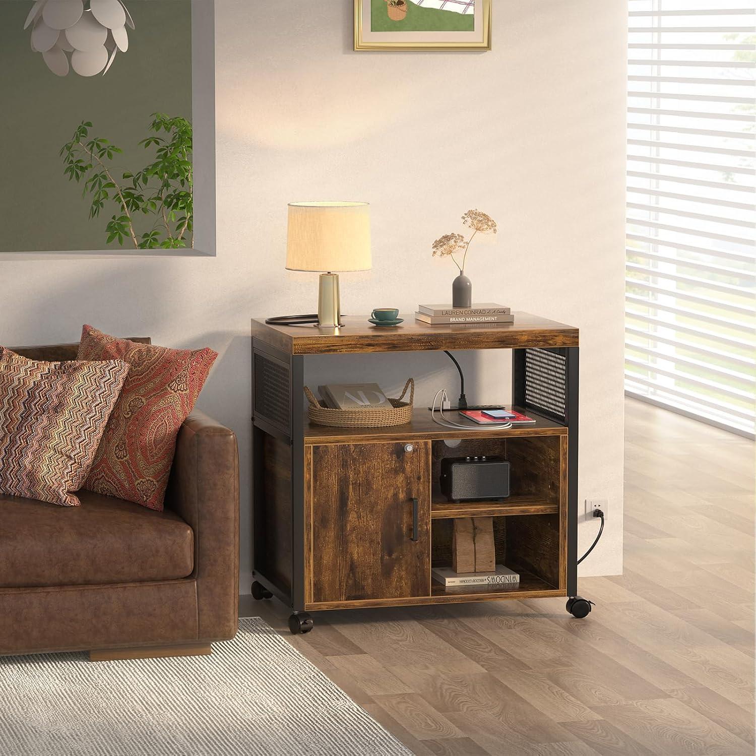 File Cabinet, Locking Office Filing Cabinets with Socket and USB Charging Port, Modern Rolling Printer Stand with Storage for Printer Scanner Fax Home Office Use with Wheels,Brown