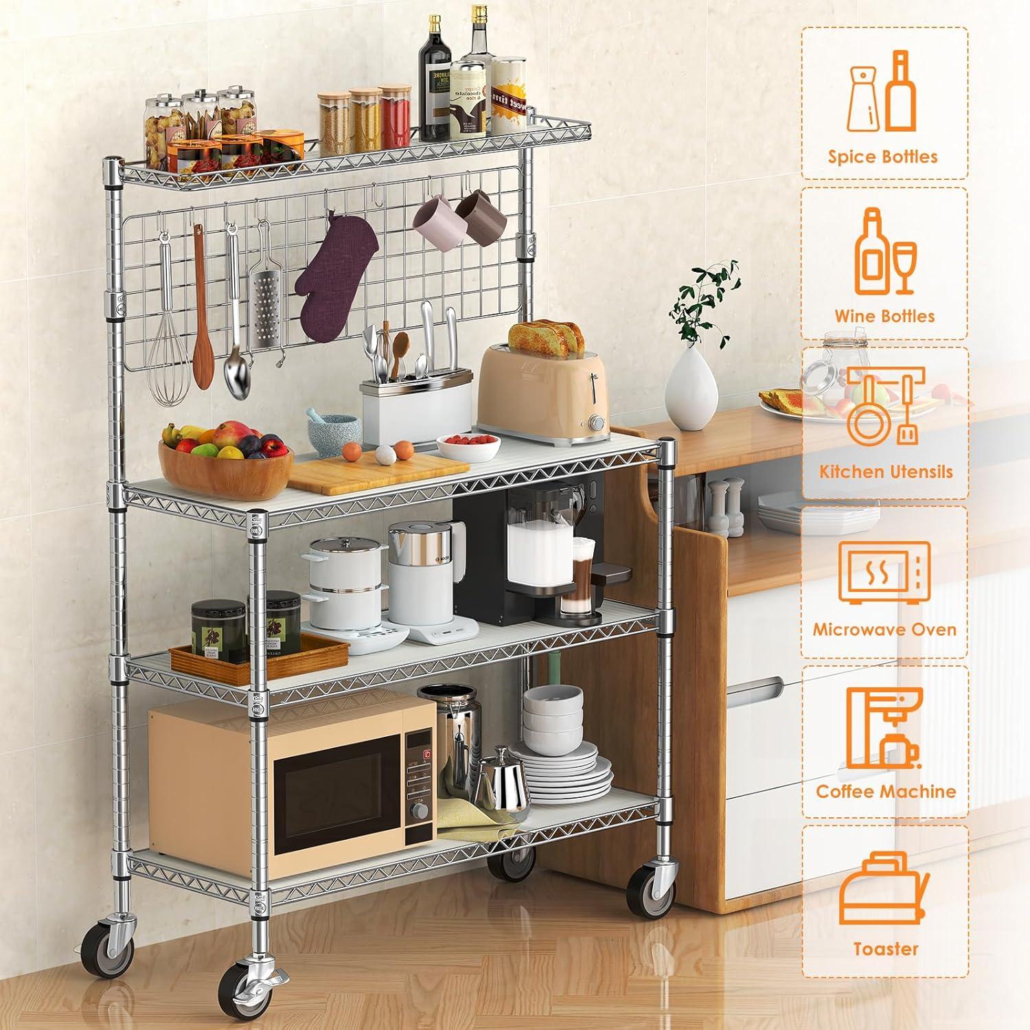 Leteuke Bakers Rack with Storage & Wheels, 42 Inch Microwave Stand Kitchen Shelves, 4-Tier Heavy Duty Storage Rack with 20 S-Hooks, Commercial Metal Utility Kitchen Cart, 42× 18× 63 Inch, Chrome