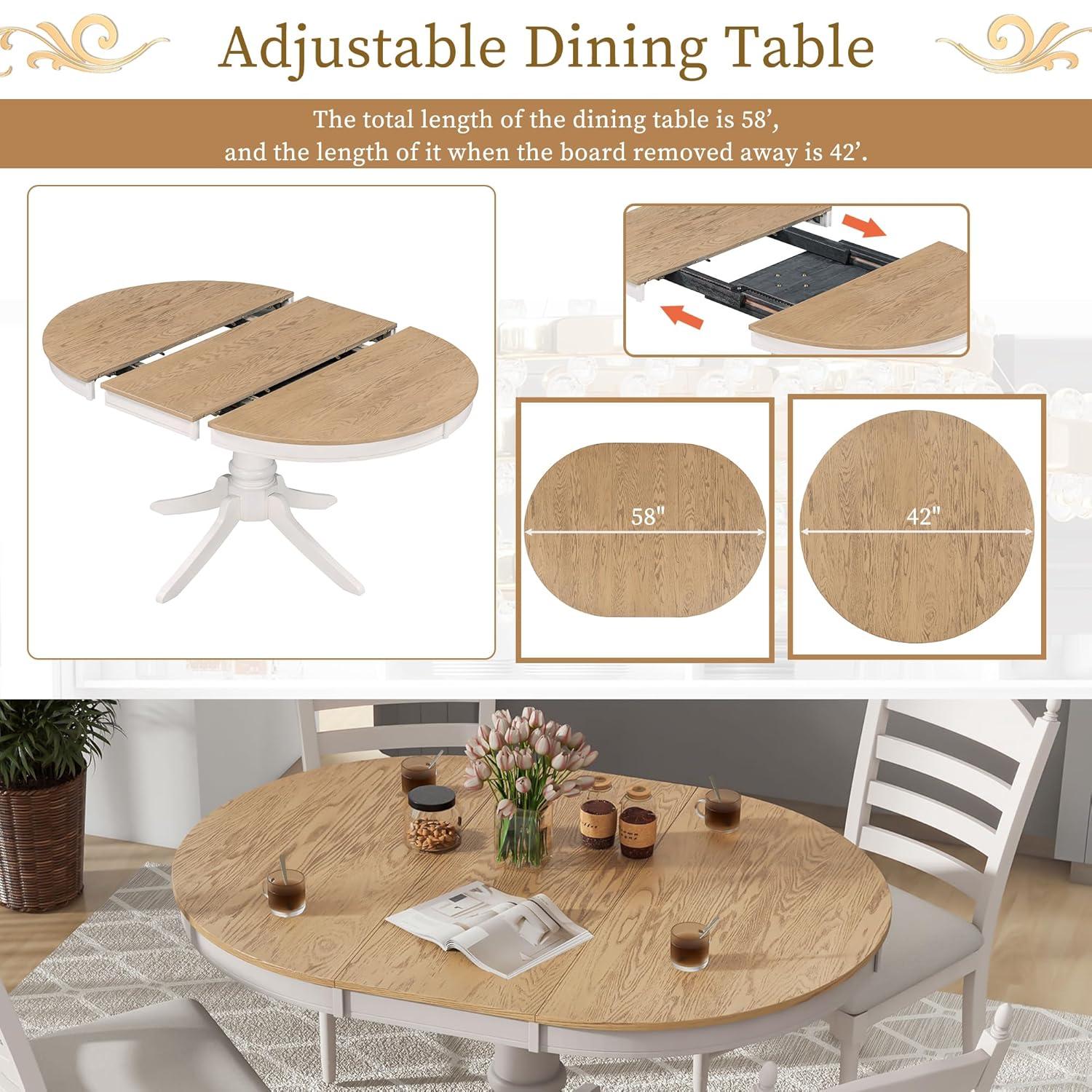 MERITLINE Dining Table Set, 5-Piece Retro Functional Dining Table Set, Wood Round Extendable Dining Table and 4 Upholstered Dining Chairs（Off White）
