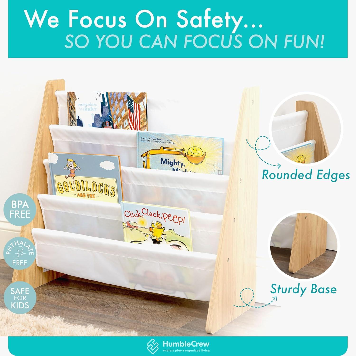 Humble Crew 4-Tier Kids Bookshelf, Natural Wood/White - Premium Book Shelf for Kids Rooms with Four Deep Pockets - Toddler Sling Book Rack with Deep Sleeves, Nursery Bookcase Organizer