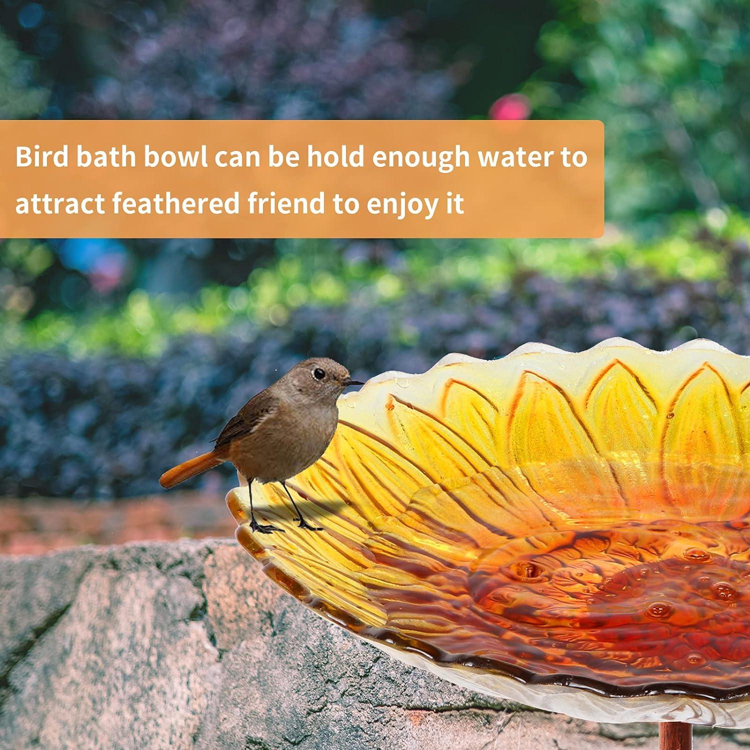 Yellow Sunflower Glass Bird Bath with Metal Stake