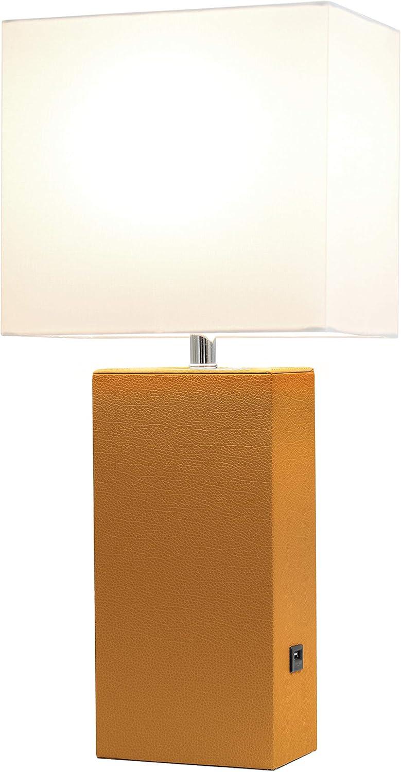 21" Lexington Leather Base Modern Home Decor Bedside Table Lamp with USB Charging Port and Fabric Shade Tan/White - Lalia Home: No Assembly