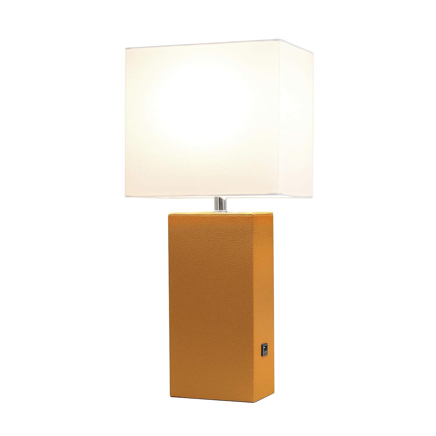 21" Lexington Leather Base Modern Home Decor Bedside Table Lamp with USB Charging Port and Fabric Shade Tan/White - Lalia Home: No Assembly
