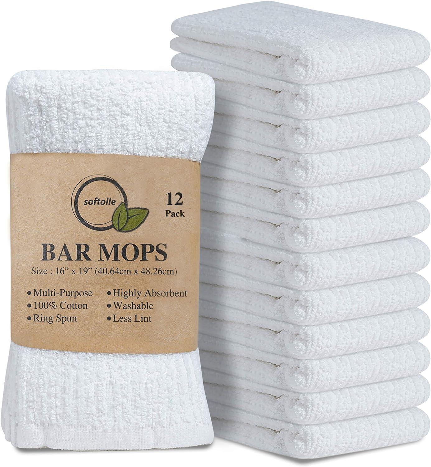 Softolle Kitchen Towels, Pack of 12 Bar Mop Towels -16x19 Inches -100% Cotton White Super Absorbent Towels, Multi-Purpose for Home and Bar Cleaning (White)