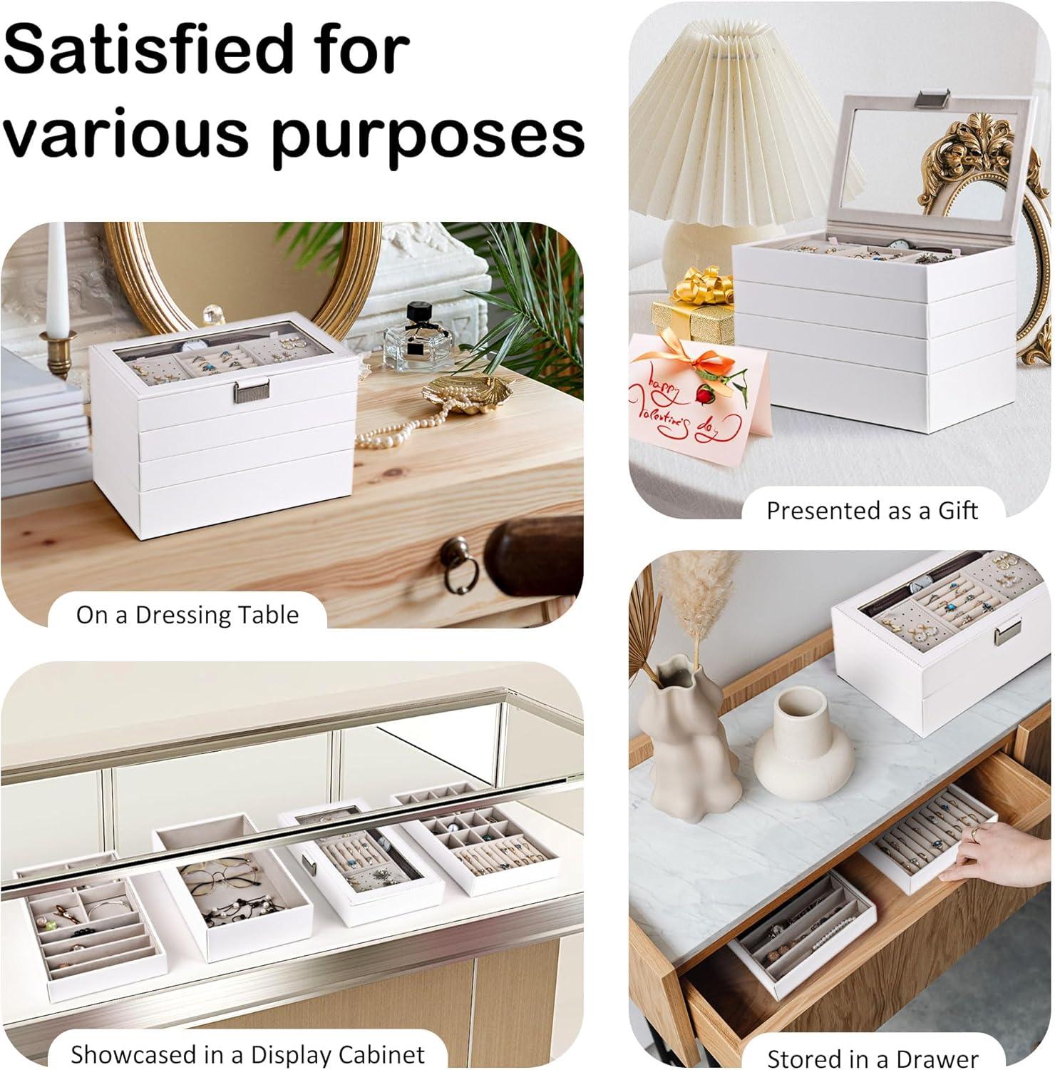 Latitude Run® Stackable Jewelry Trays, 4-Tier Jewelry Box, Drawer Jewelry Organizer, With Glass Lid, Removable Dividers, For Vanity Table, 6.7 X 11 X 7.2 Inches, Cloud White
