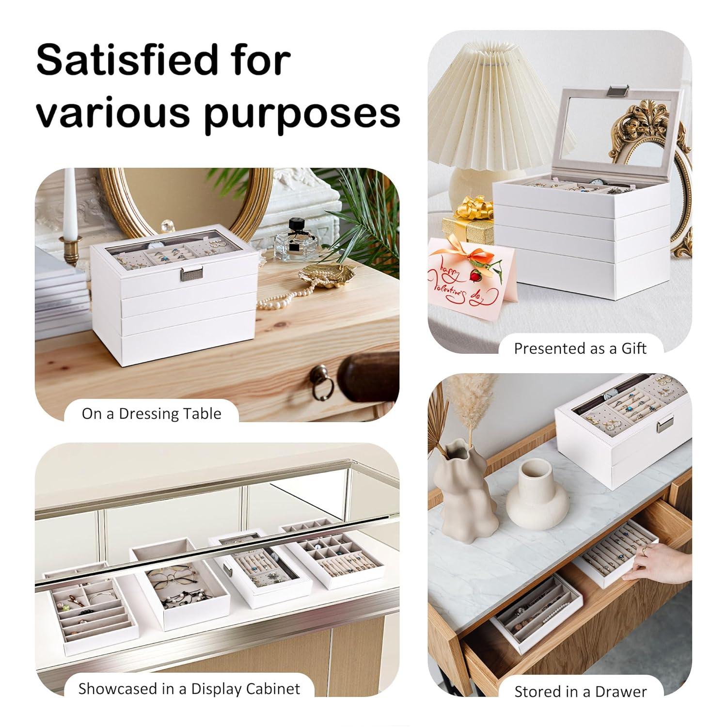 Latitude Run® Stackable Jewelry Trays, 4-Tier Jewelry Box, Drawer Jewelry Organizer, With Glass Lid, Removable Dividers, For Vanity Table, 6.7 X 11 X 7.2 Inches, Cloud White