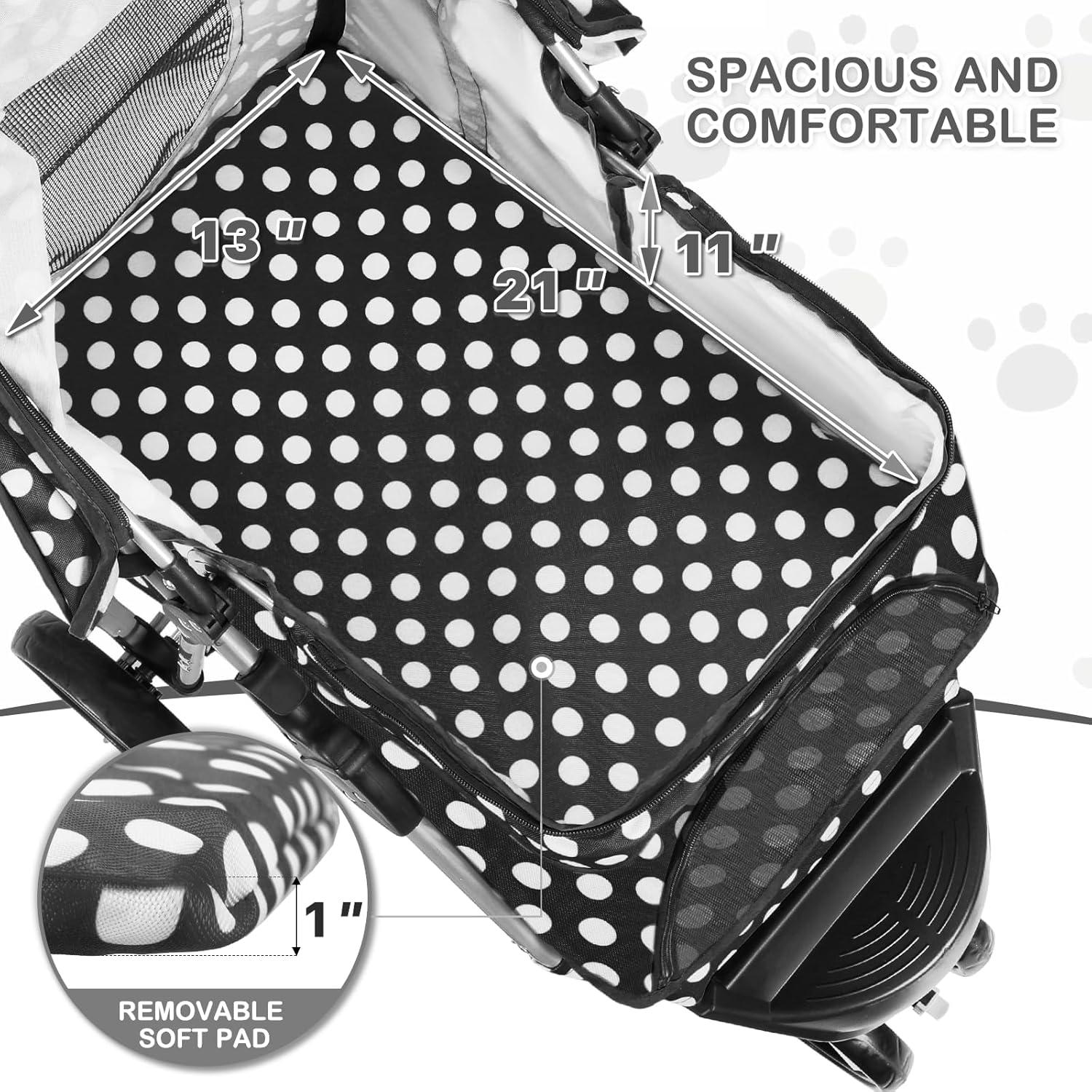 MoNiBloom 3 Wheel Folding Pet Dog Stroller, Foldable Lightweight Trolley with Storage Basket, Cup Holder and 360° Rotating Front Wheel for Small Medium Dogs, Black with White Polka Dots