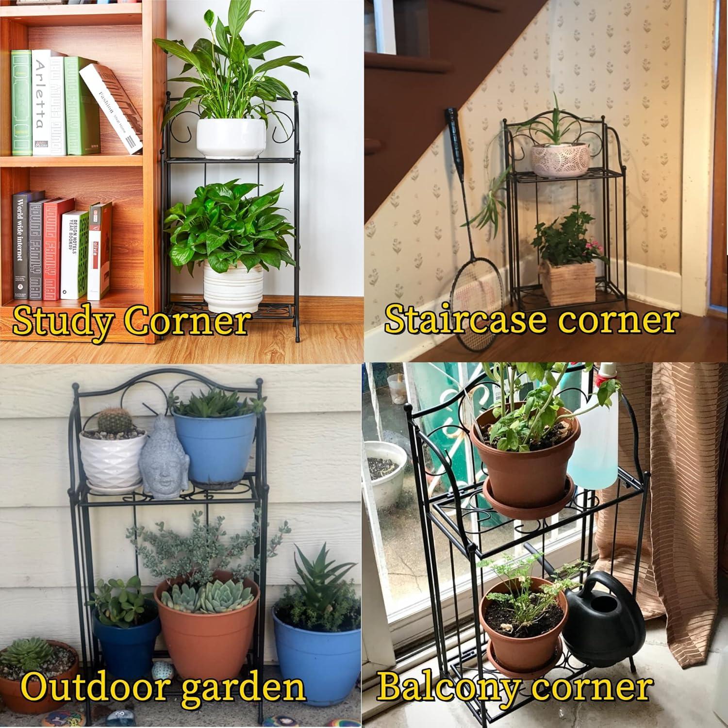 Yolafe Foldable 2 Tier Metal Plant Stand Scrollwork Design Indoor and Outdoor Flower Rack Pot Shelf Home Storage Organizer Shelf, Black