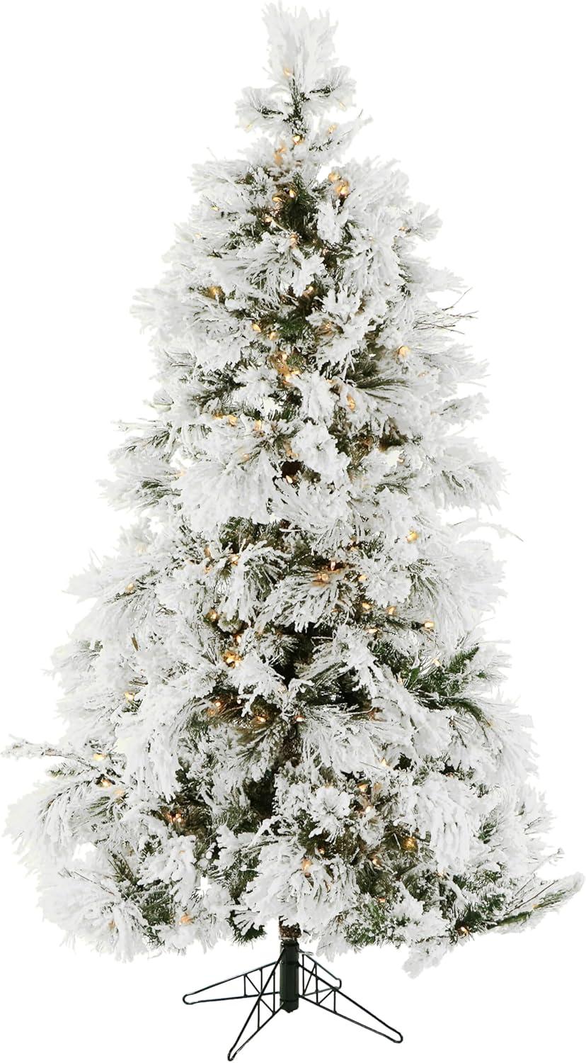 6.5-Foot Snowy Pine Flocked Christmas Tree with White Lights