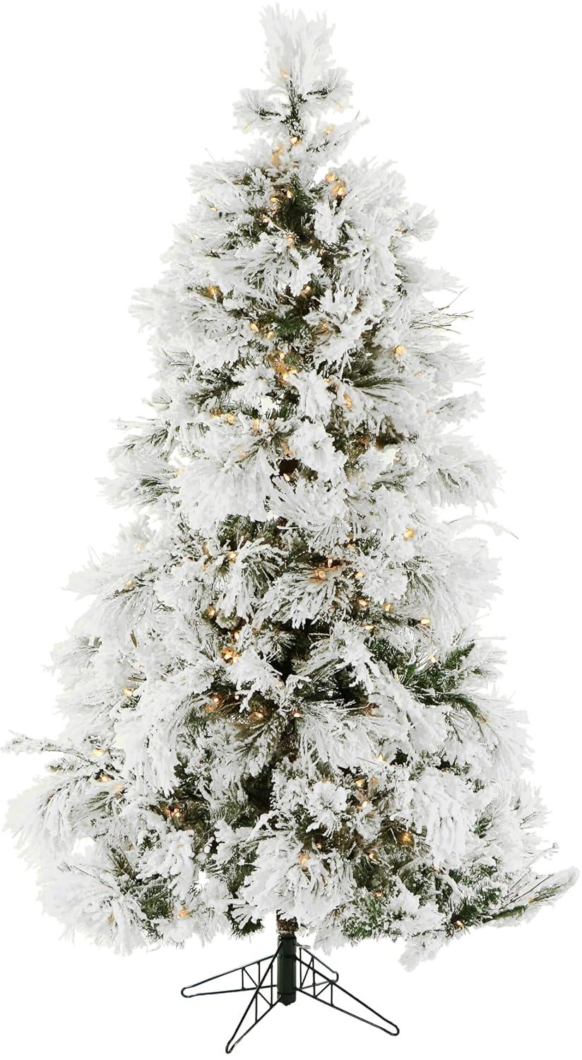 Fraser Hill Farm 6.5-Foot Pre-Lit Snow Flocked Snowy Pine Christmas Tree, Smart Lights
