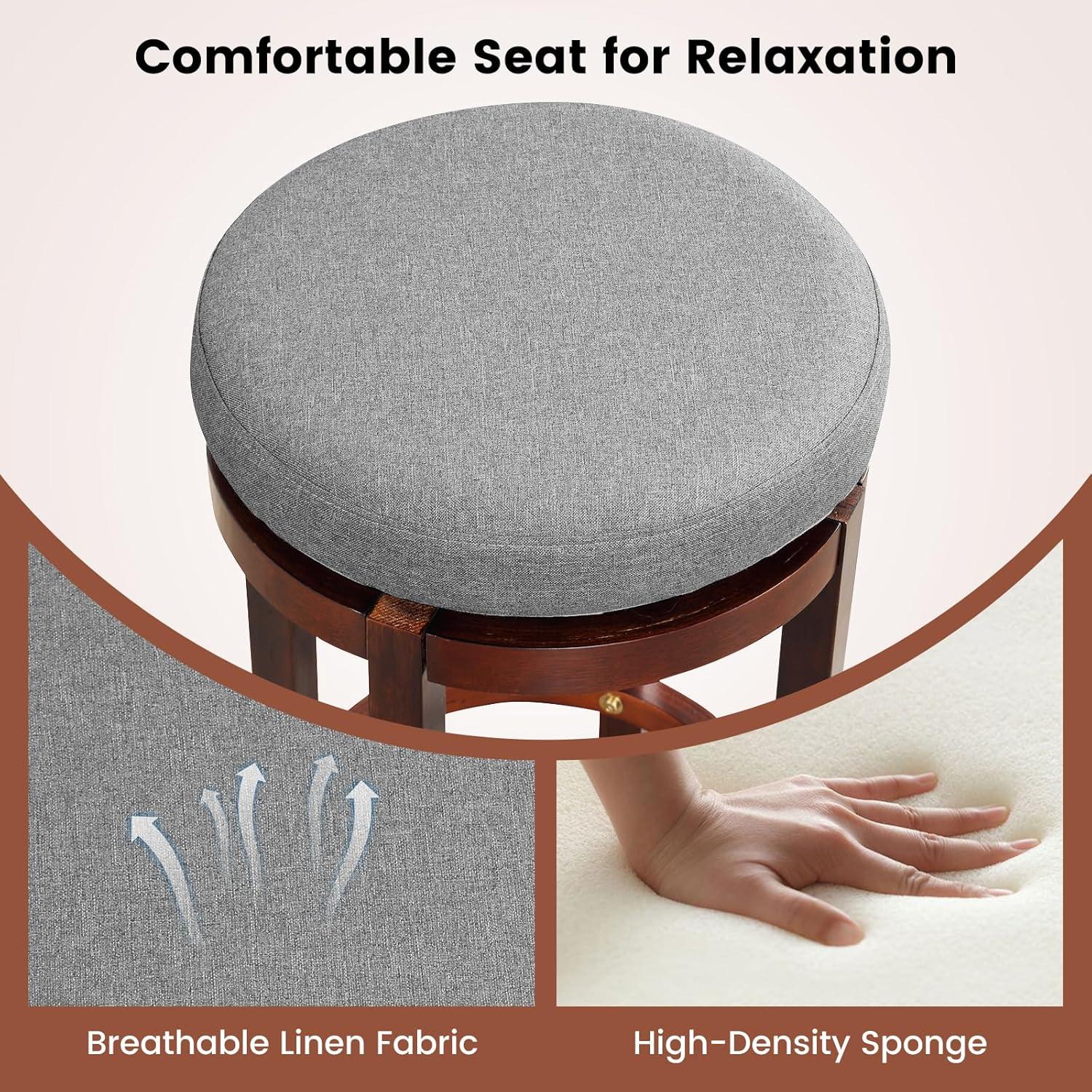 Costway Set of 2 Upholstered Swivel Round Bar Stools 26'' Wooden Pub Kitchen Chairs Gray