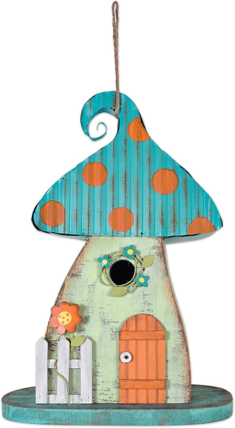 Whimsical Turquoise and Orange Mushroom Birdhouse with Coral Door