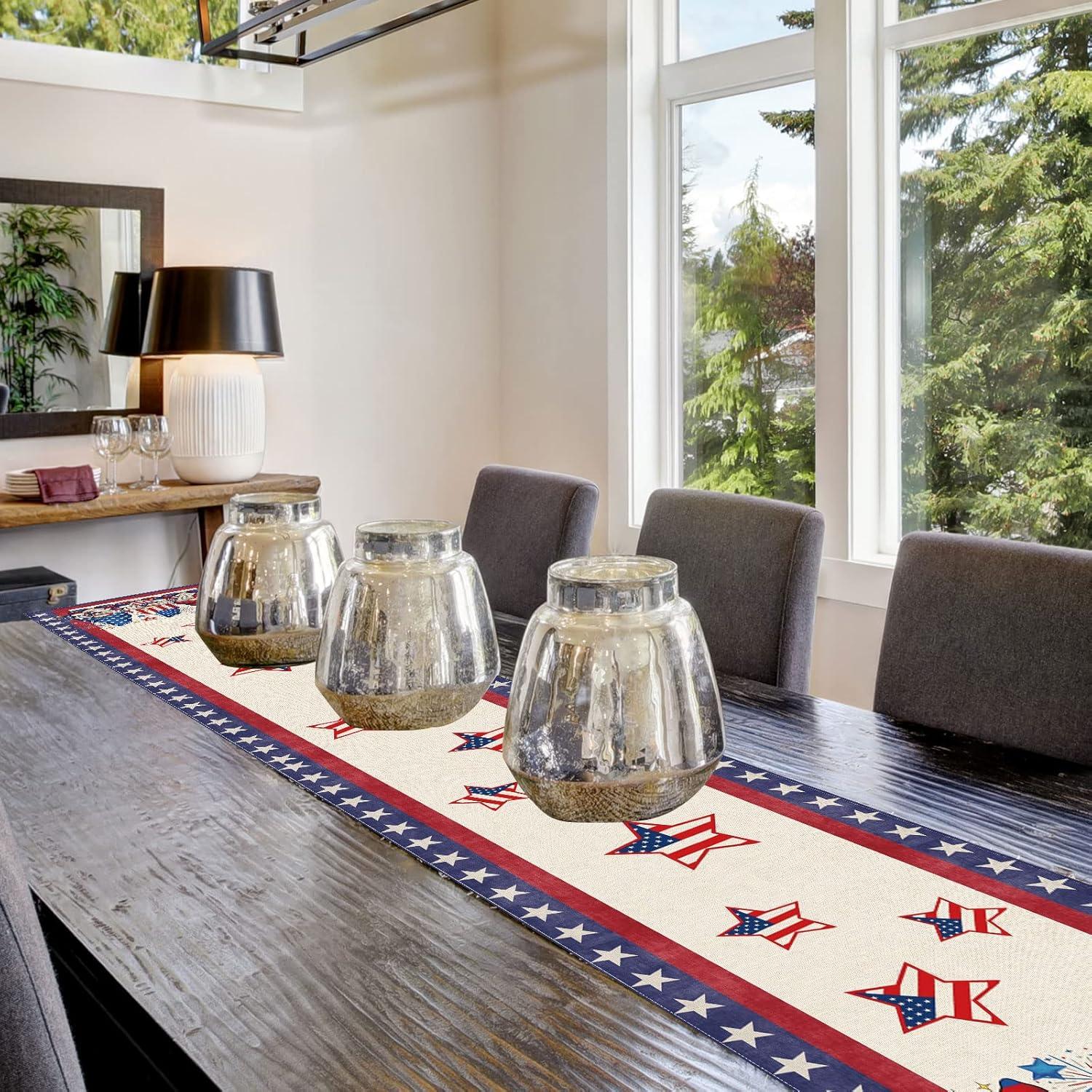 Patriotic Gnome Stars Linen Table Runner 13x72 Inch