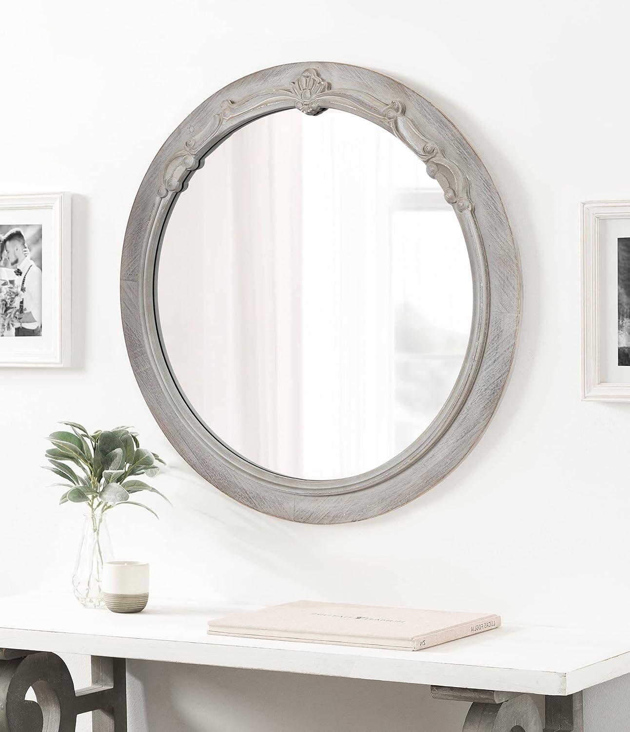 Kate and Laurel Irelyn Coastal Wall Mirror, 26 Inch Diameter, Gray, Farmhouse Inspired Dimensional Wall Decor Accent Piece With Round Frame and Ornate Crown Detailing