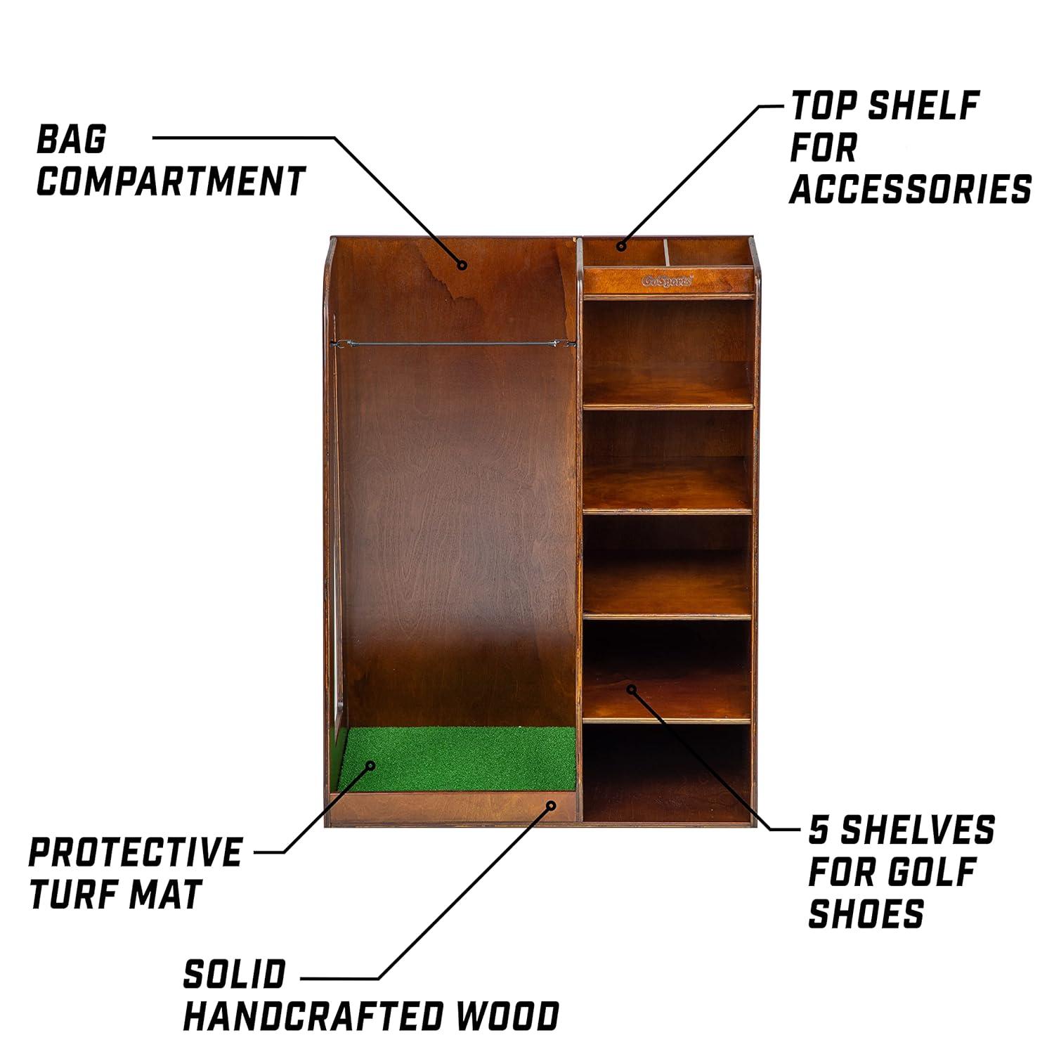 GoSports Premium Wooden Freestanding Golf Bag Organizer and Storage Rack