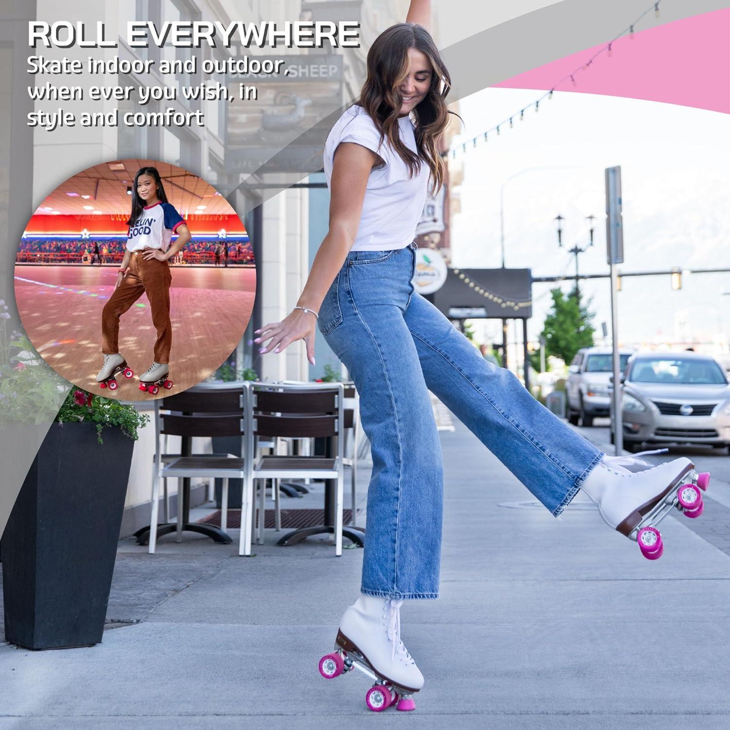 White Leather Quad Roller Skates with Pink Polyurethane Wheels