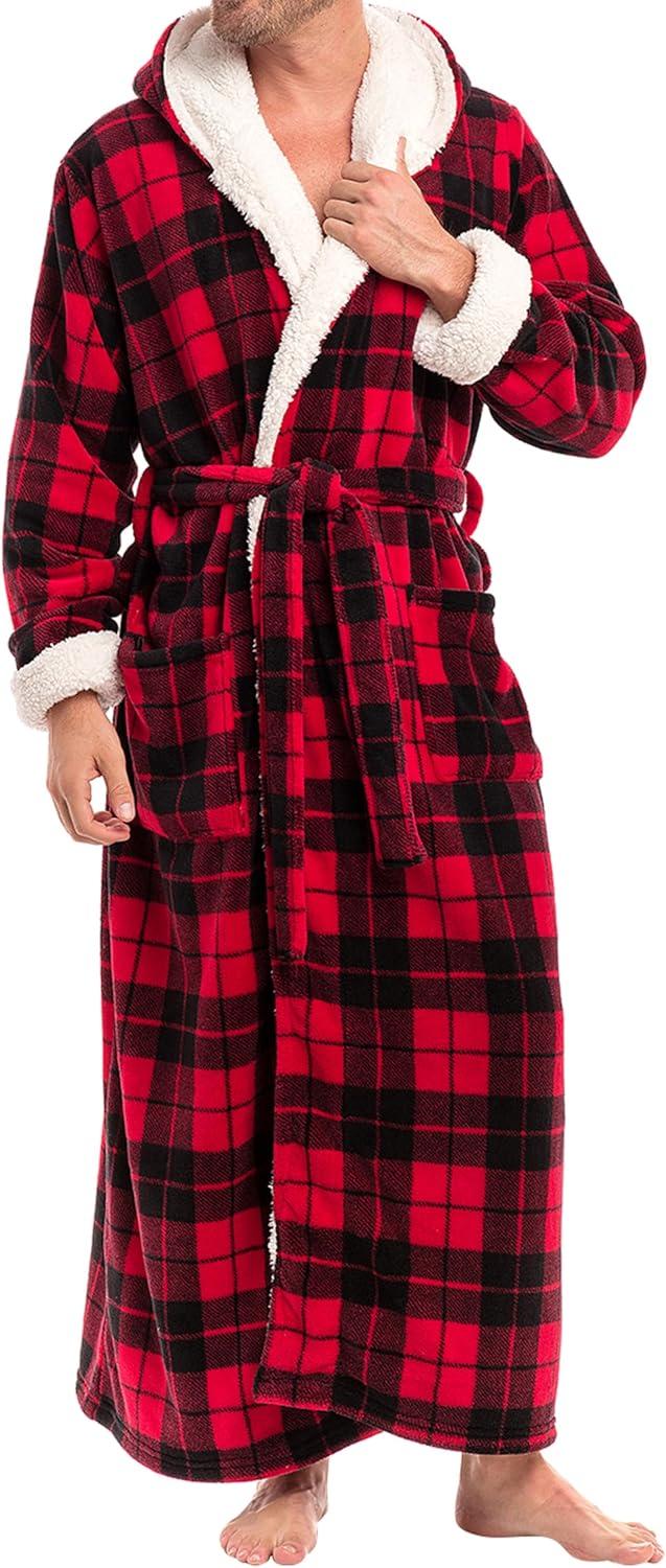 ADR Men's Warm Winter Plush Hooded Bathrobe, Full Length Fleece Robe with Hood Red Black Plaid with Cream Medium