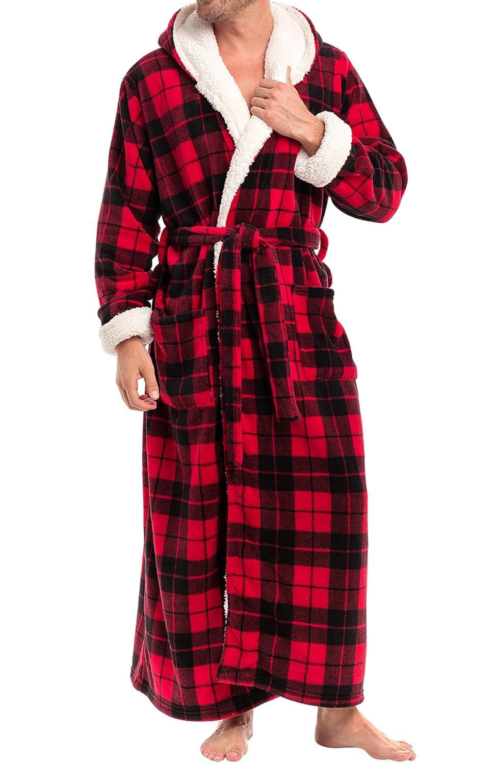 ADR Men's Warm Winter Plush Hooded Bathrobe, Full Length Fleece Robe with Hood Red Black Plaid with Cream Medium