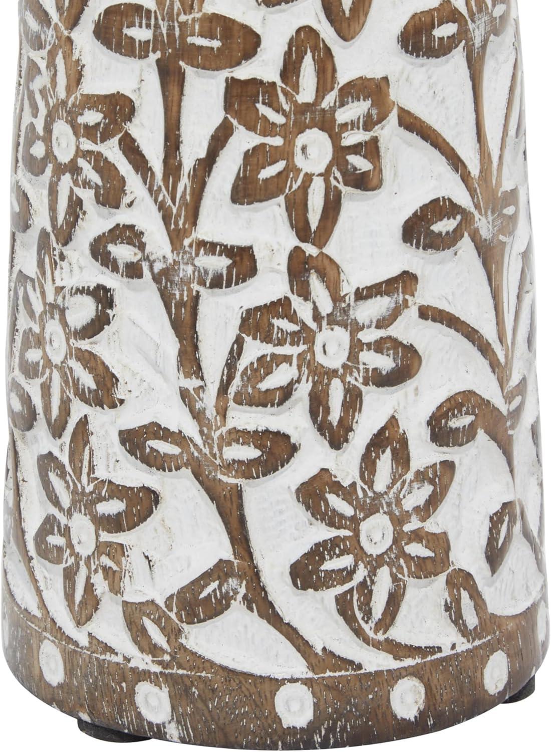 DecMode 3 Candle Brown Mango Wood Handmade Floral Carved Pillar Candle Holder with Cream Accents, Set of 3