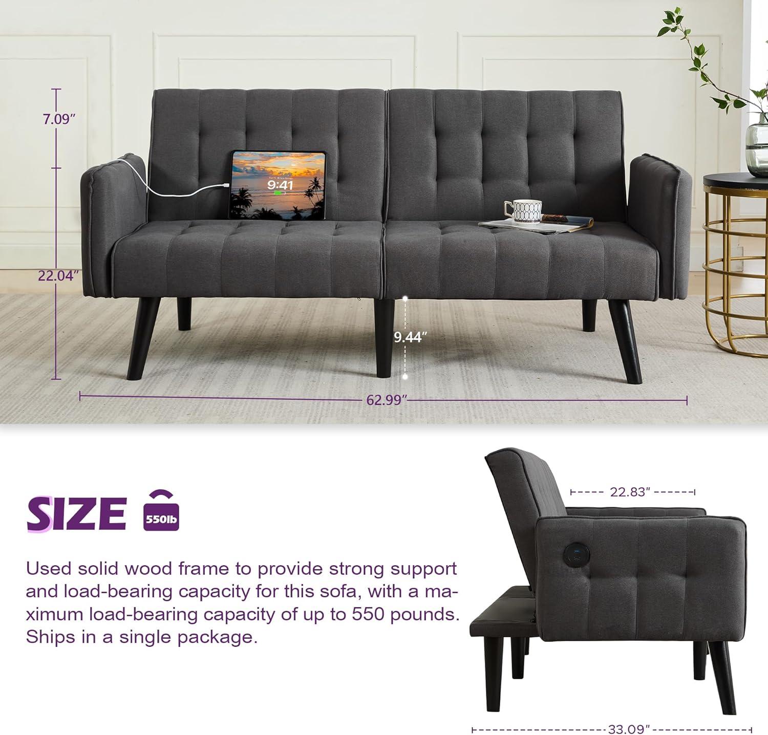 TYBOATLE 65“ Convertible Futon Sofa Bed w/ 2 USB, Upholstered Tufted Small Adjustable Folding Couch Loveseat, Modern Mid Century Sleeper Sofa for Living Room, Bedroom, Apartment, Office (Dark Grey)
