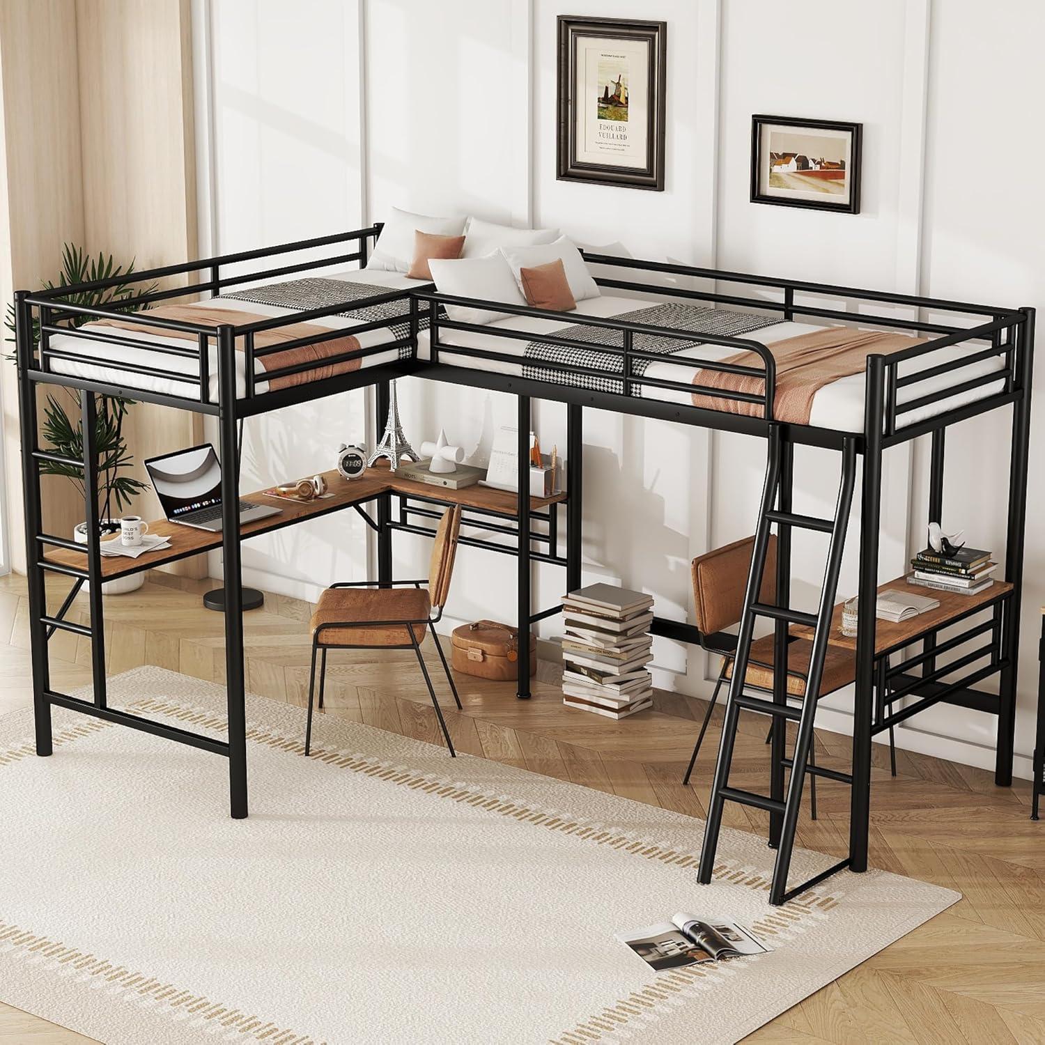 Mason & Marbles Double Twin Size Loft Beds, Metal L-Shaped Loft Bed Frame With Two Desk