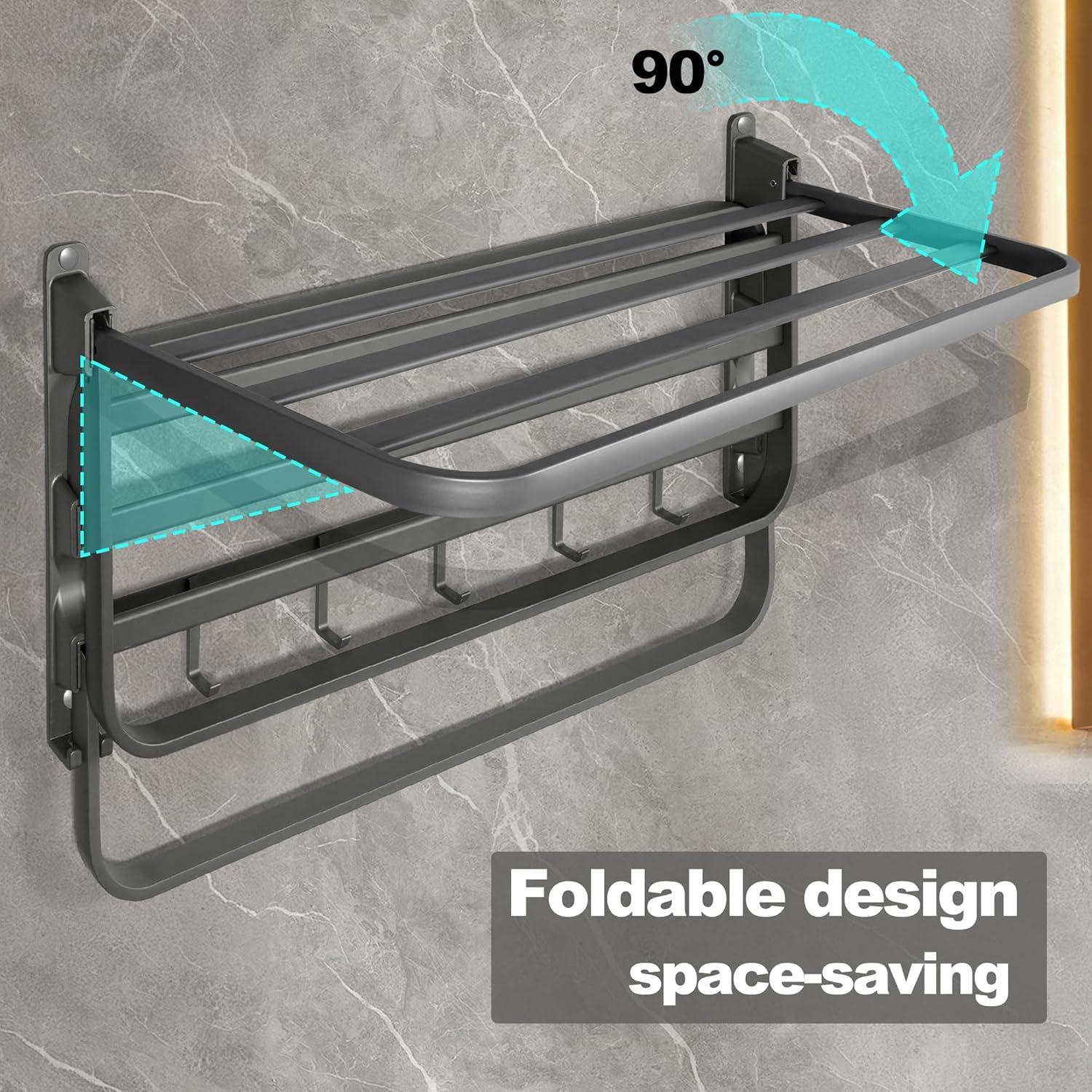 VOLDRA Towel Racks for Bathroom, 24-Inch Towel Shelf with Towel Bar Foldable Towel Holder with 7 Hooks Towel Storage Organizer for Bathroom & Lavatory Wall Mounted(Matte Black)