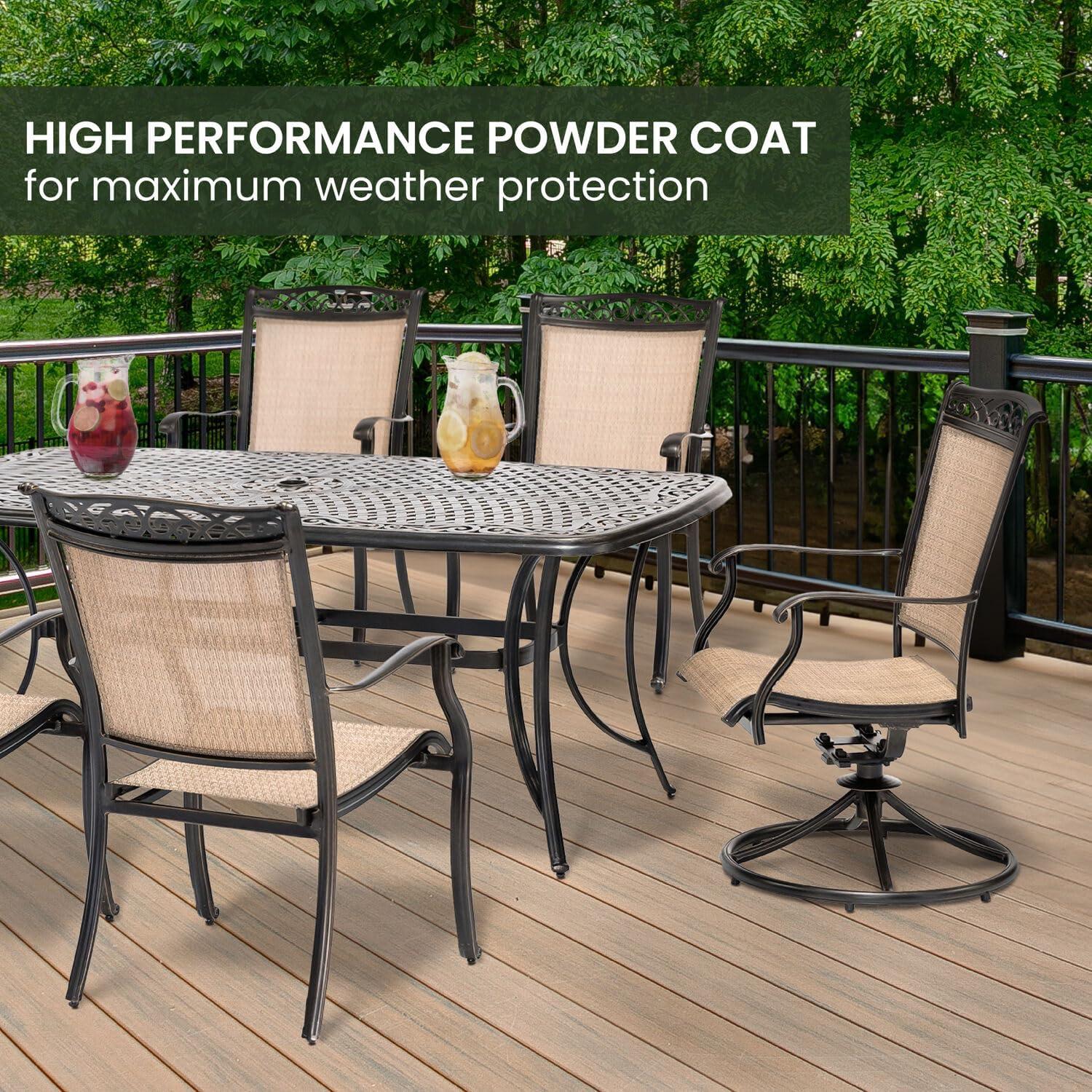 Hanover Fontana 7-Piece Outdoor Dining Set with 2 Sling Swivel Rockers, 4 Sling Chairs, and a 38-In. x 72-In. Cast-Top Table
