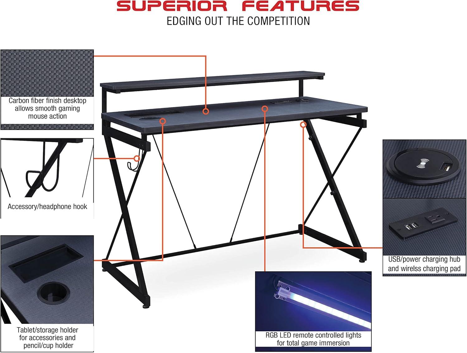 OSP Home Furnishings Emulator Battlestation Gaming Desk with RGB LED Lights