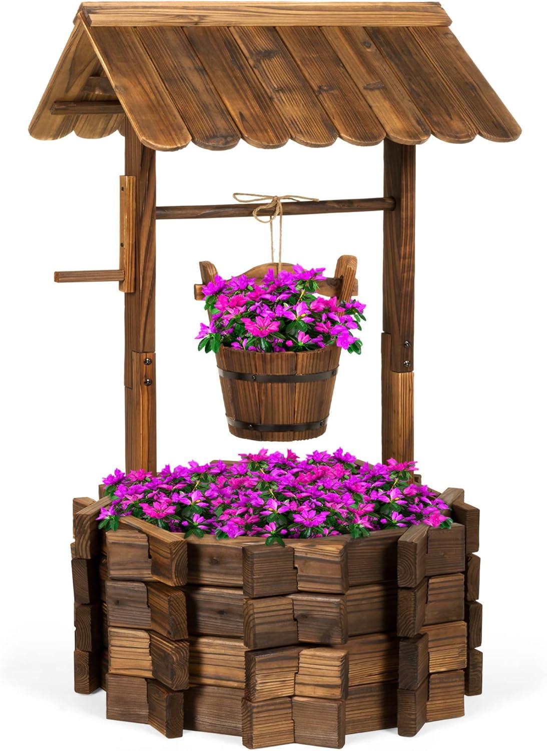 Best Choice Products Rustic Wooden Wishing Well Planter Outdoor Home Decor for Patio, Garden, Yard w/ Hanging Bucket