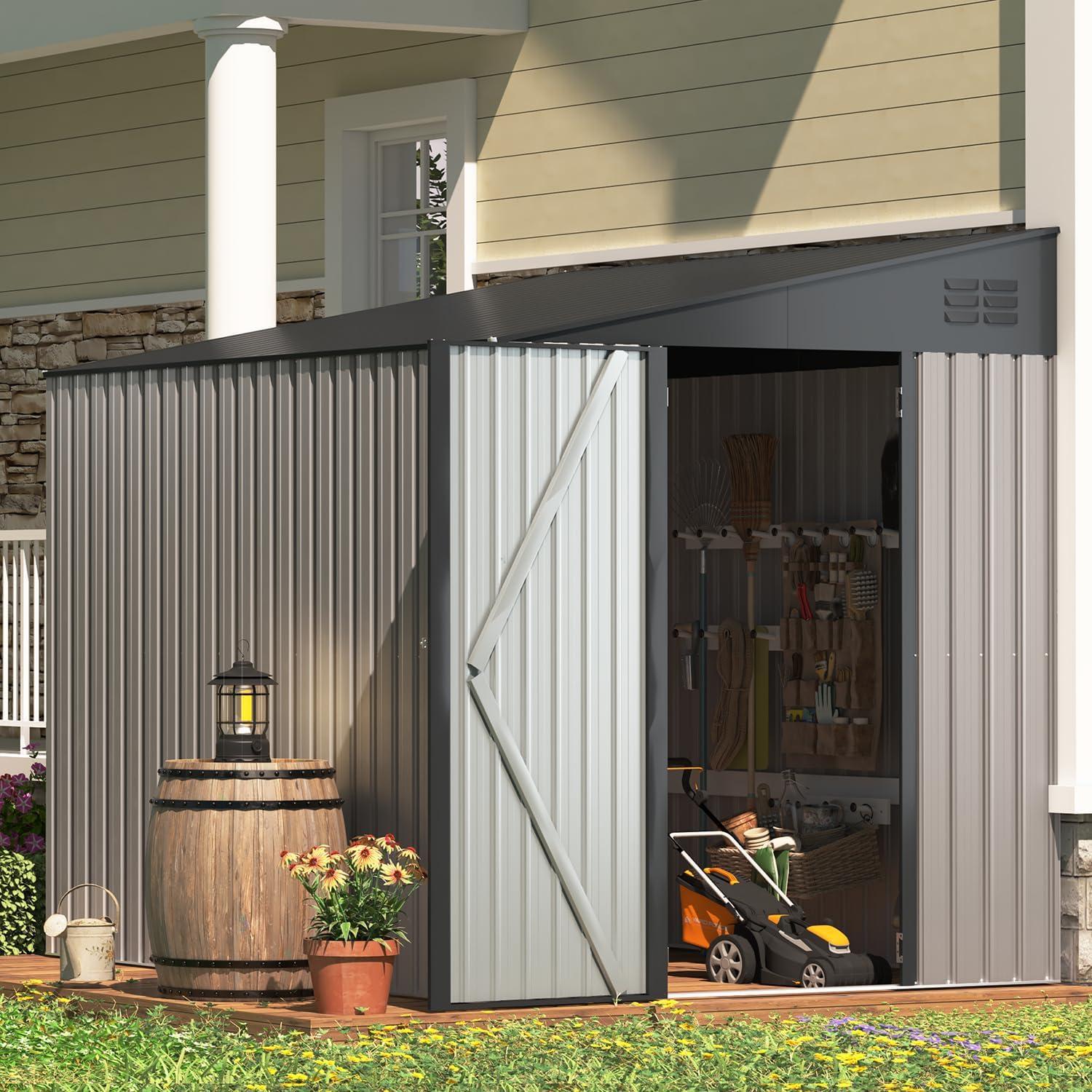 YODOLLA 8' x 6' Outdoor Storage Side Shed Metal Attached Lean-To Shed with Lockable Door for Backyard in Gray