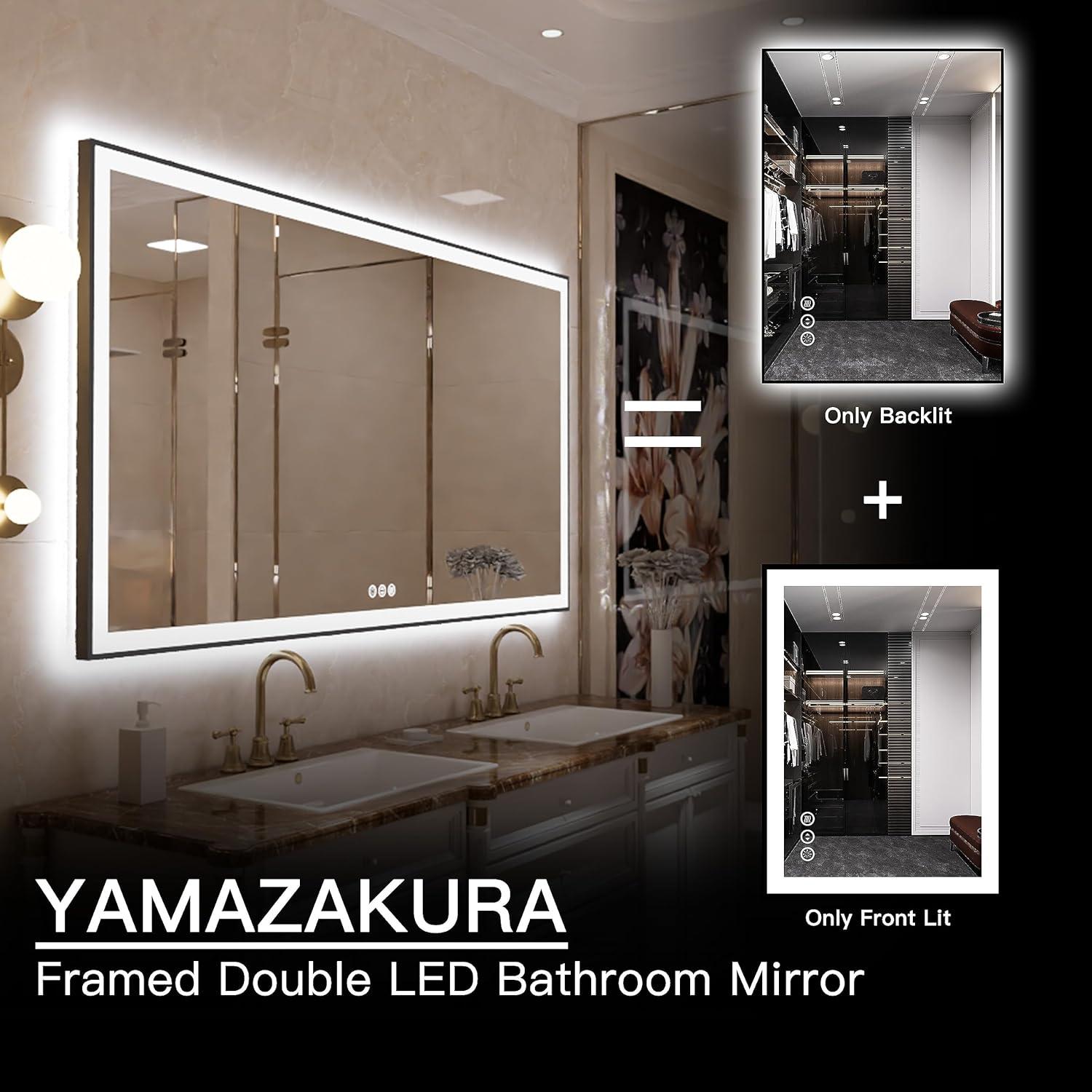 Large LED Bathroom Mirror 72x32 with Backlit and Front Lighted, Framed Dimmable Illuminated Mirror for Wall Anti-Fog Shatterproof (Horizontal/Vertical)