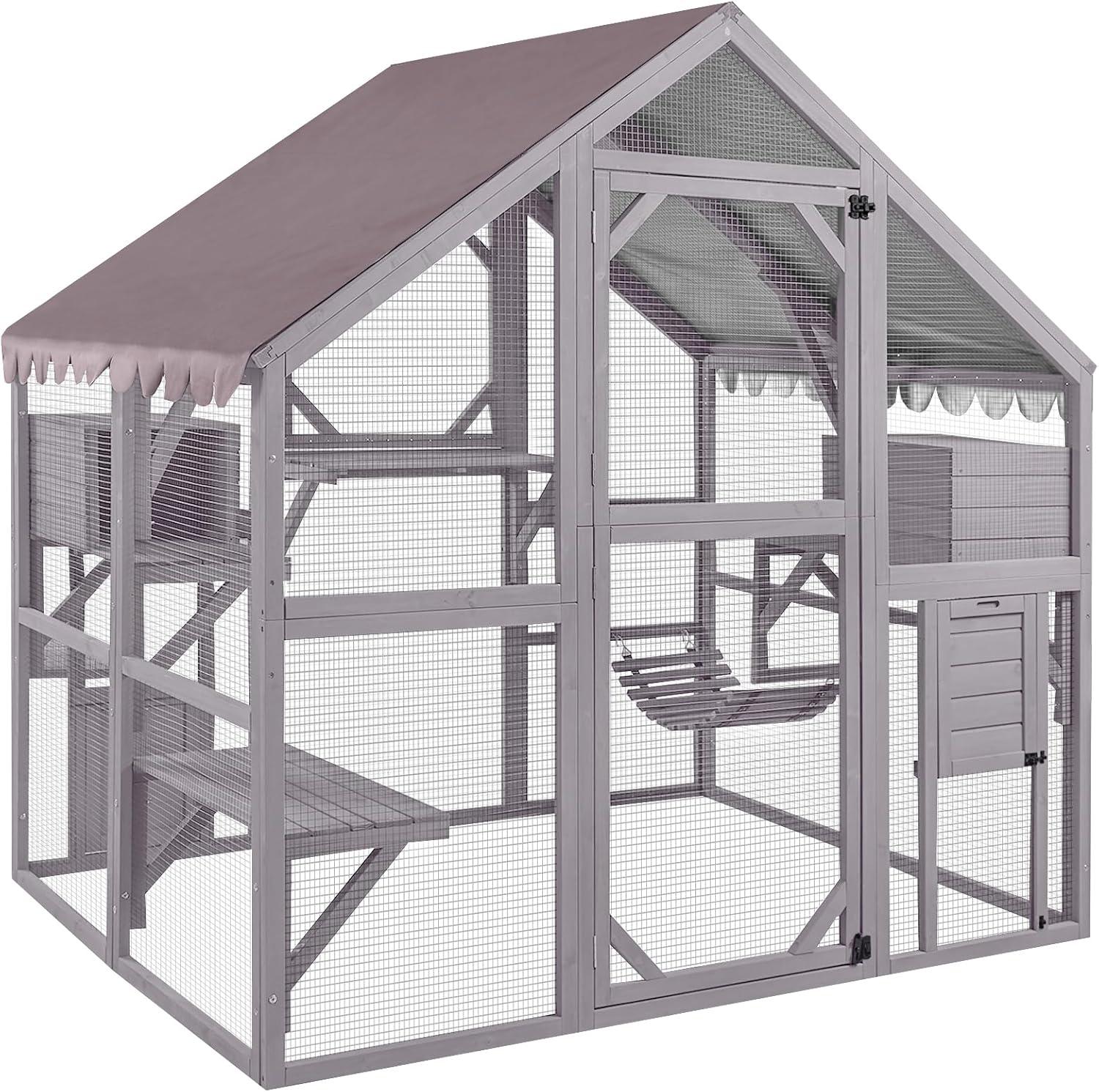 Large Gray Wooden Outdoor Cat House with Wire Mesh