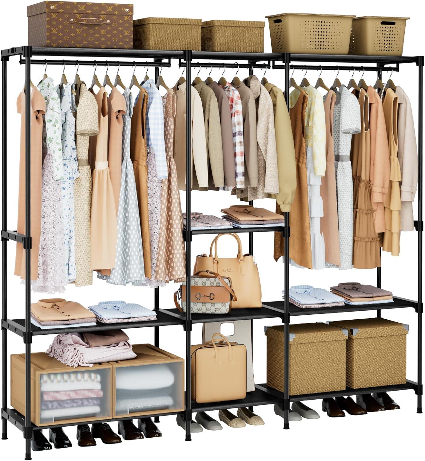 Black Steel Portable Closet Organizer with Shelves and Hanging Rods