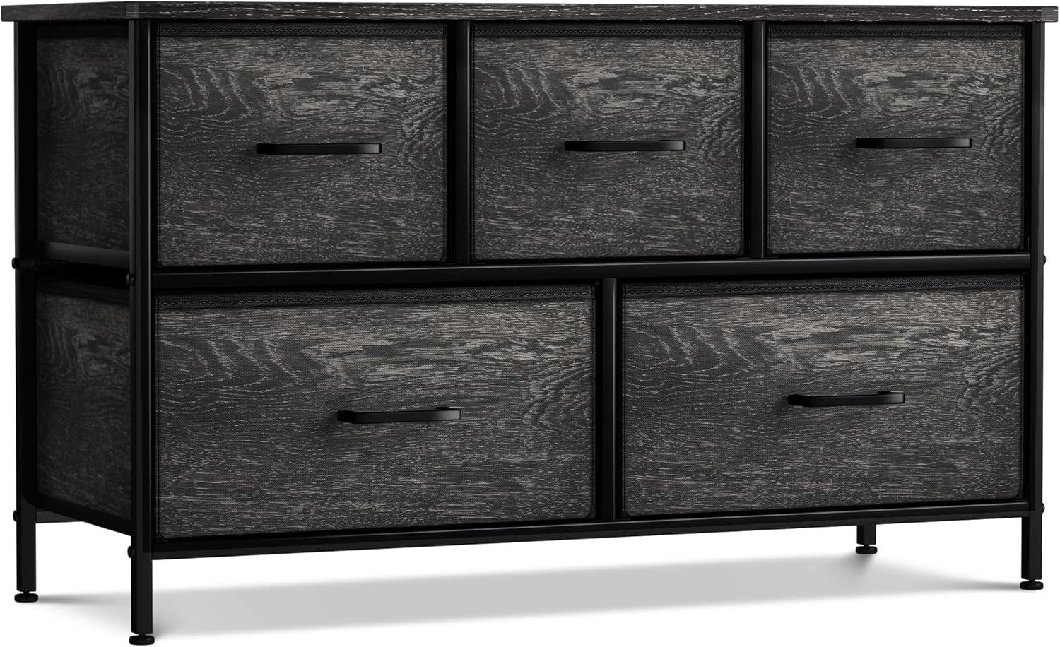 Sorbus Dresser with 5 Drawers with Steel Frame, Wood Tops, and Fabric Bins in Rustic Black