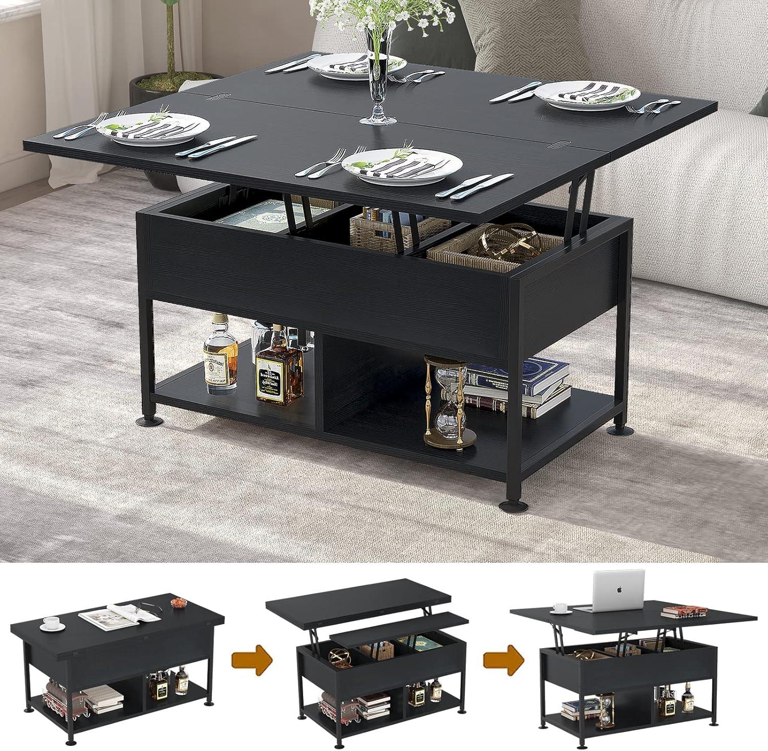 Lift Top Coffee Table ，4 in 1 Multi-Function Coffee Table with Hidden Compartment ，Modern Lift Tabletop Dining Table for Living Room Reception/Home Office, Black