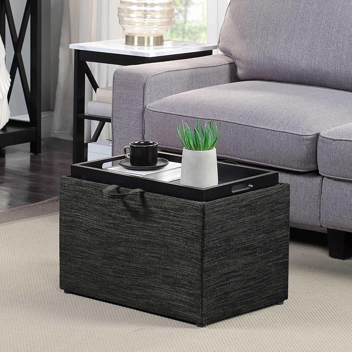 Modern Dark Charcoal Gray Fabric Storage Ottoman with Reversible Tray, 23"