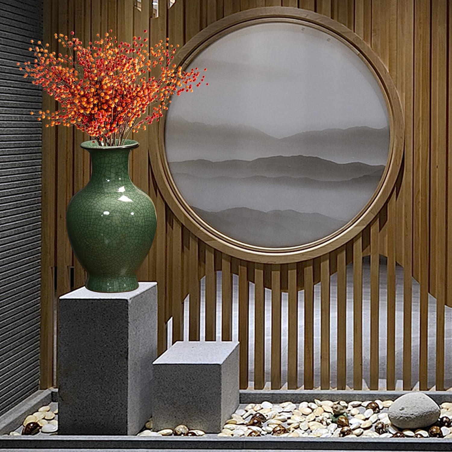 Green Ceramic Vase for Home Decor, Rustic Oriental Vases, Glazed Decorative Farmhouse Vase for Mantel, Table, Bookshelf, Living Room Decoration(Green)