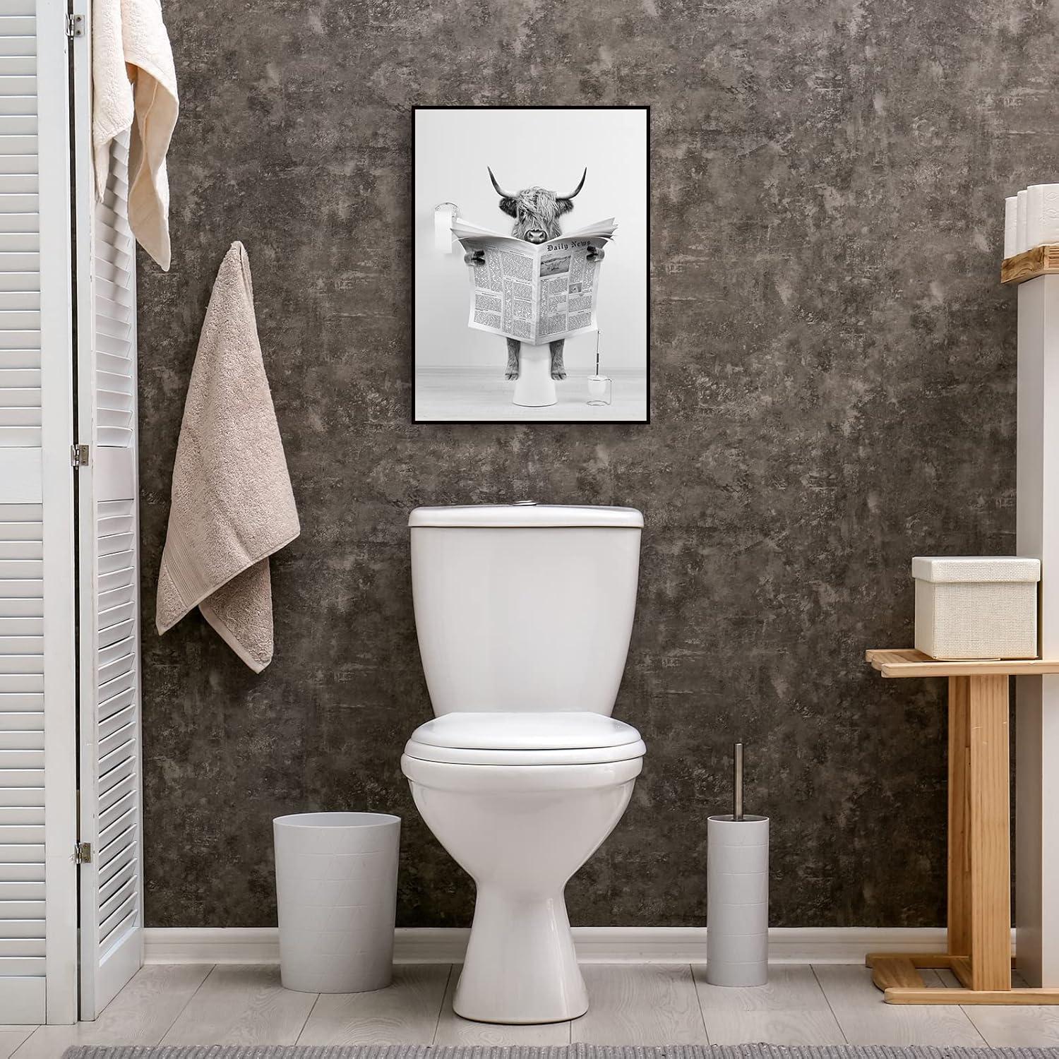 Modern Black Framed Highland Cow Wall Art Minimalist Bathroom Wall Decor Cute Funny Animals Artwork Canvas Prints Ready to Hang for Guest Bathroom, Hotel, Condo, Kids Bathroom, 12”x16”