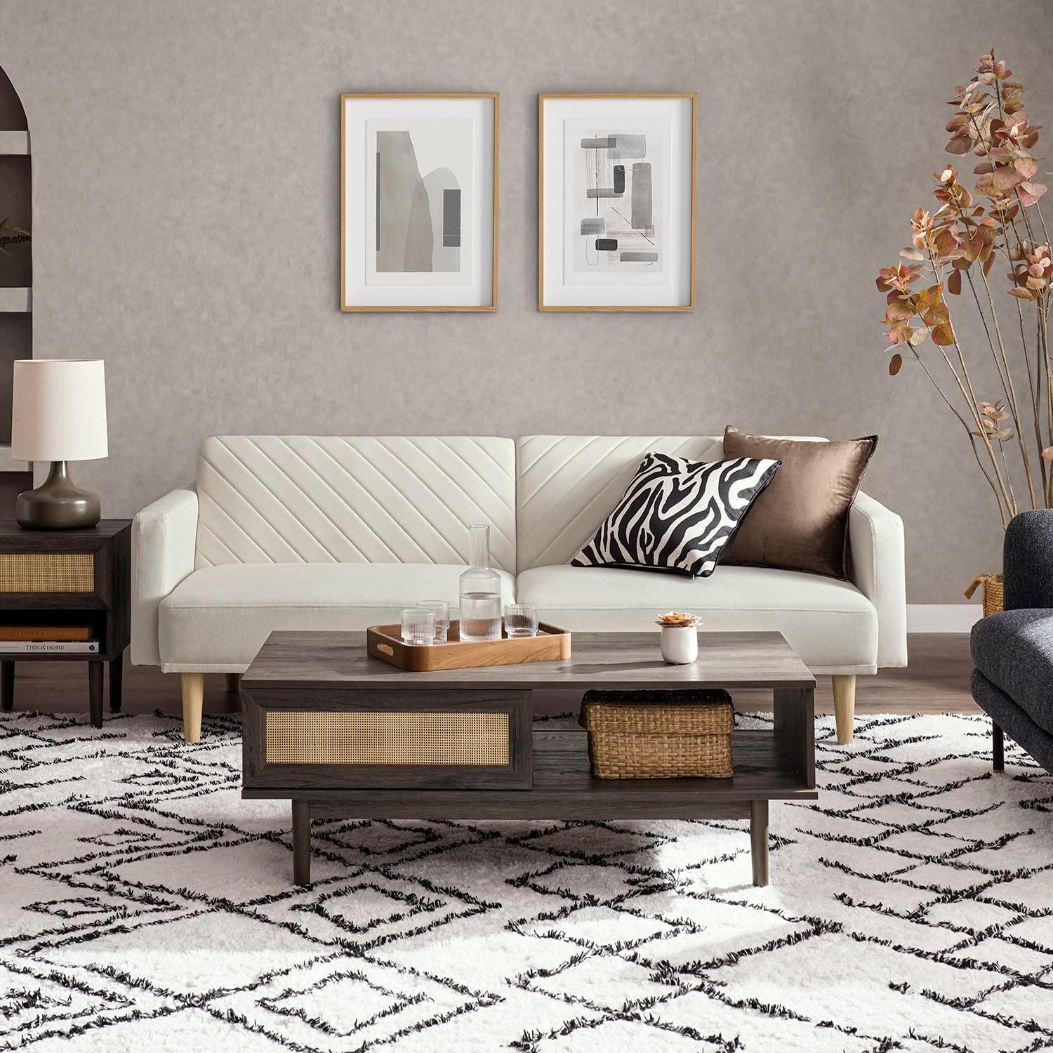 Snow Velvet Chevron Tufted Split Back Futon Sofa