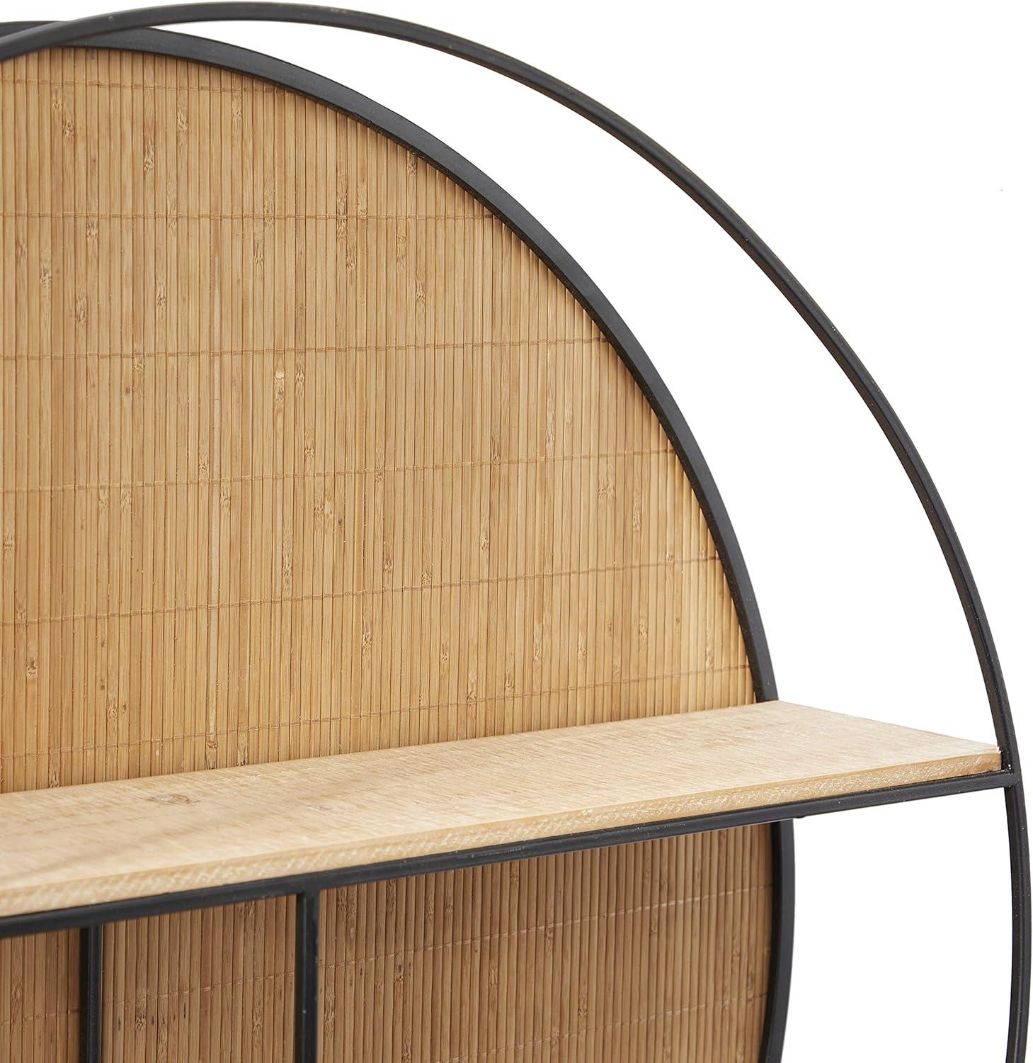 Round Bamboo and Black Metal Floating Wall Shelf with 2 Tiers