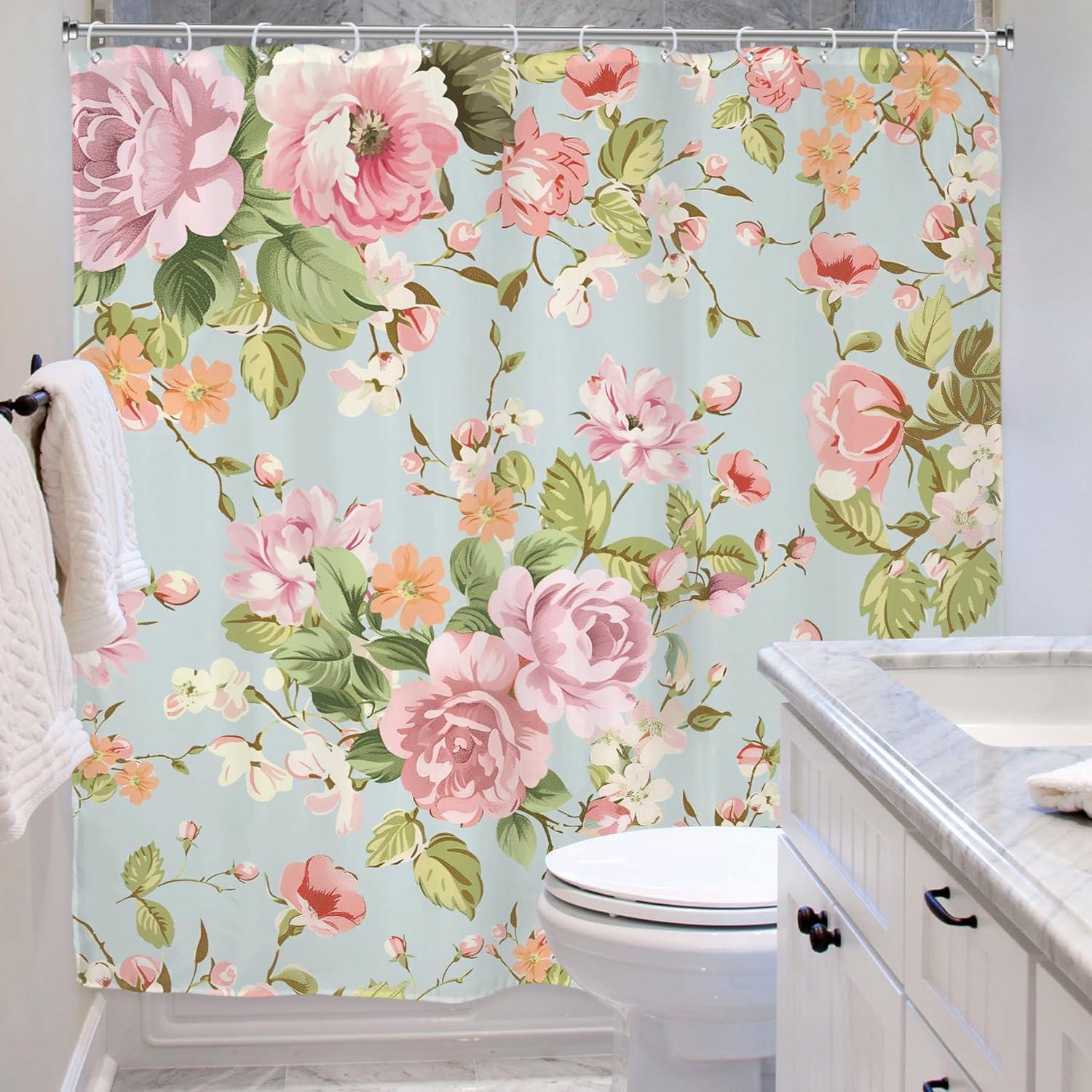 Fabric Pink Flower Shower Curtain for Bathroom 72Wx72H Inch Rose Floral Blooming Green Leaves for Girl Women Bathtub Accessories Decor Rustic Waterproof Fabric Bathroom 12 Pack Hooks WW-NDHC