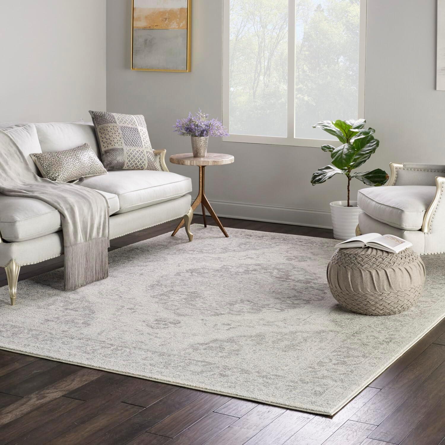 Ivory and Grey Synthetic Rectangular 6' x 9' Area Rug