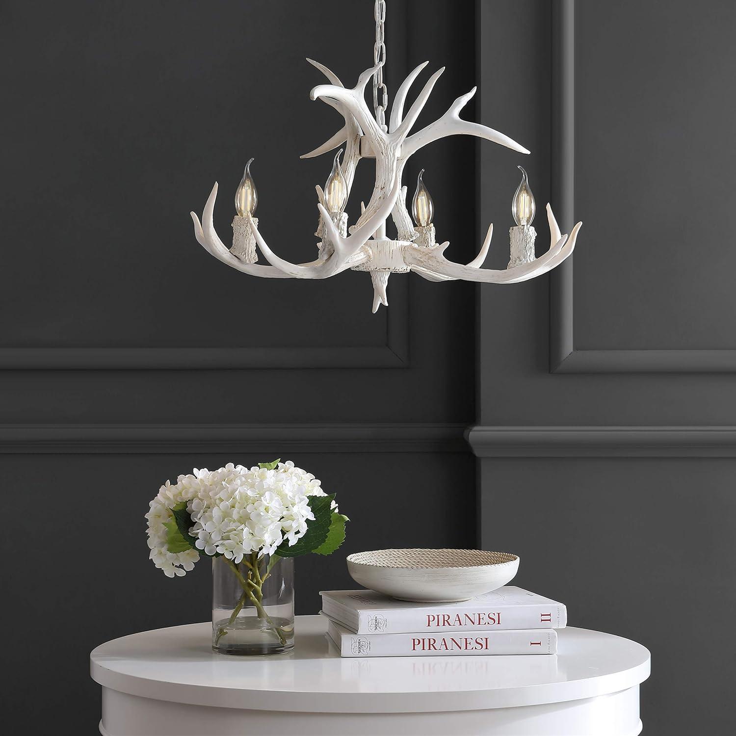 JONATHAN Y JYL6301B Eldora 26" Adjustable Resin Antler 4-Light LED Chandelier, Farmhouse, Glam, Transitional, Rustic, Cottage for living room, dinning room, bedroom, office Bulb Included, White