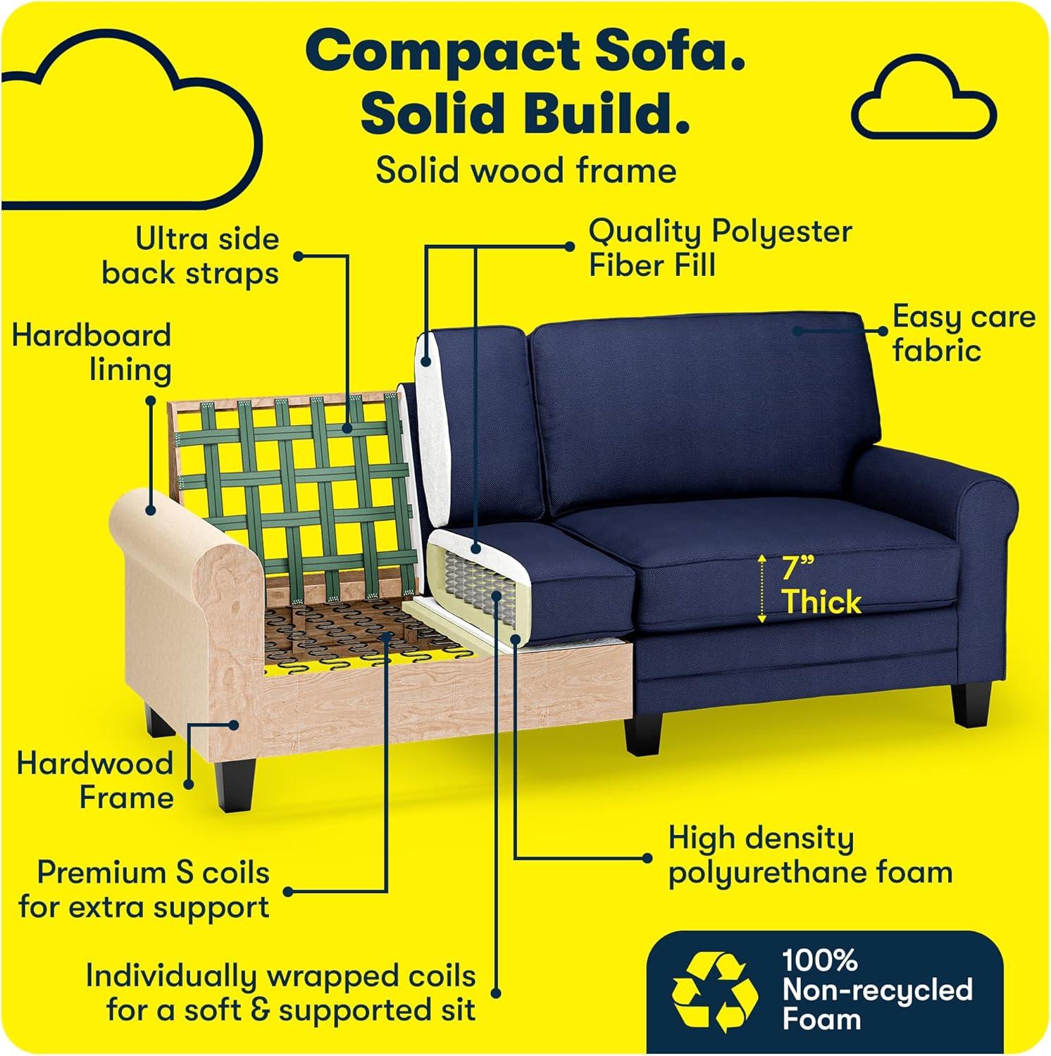 Serta 78" Copenhagen Sofa Navy Blue: Upholstered Polyester, Wood Frame, Removable Cushions, Seats 2