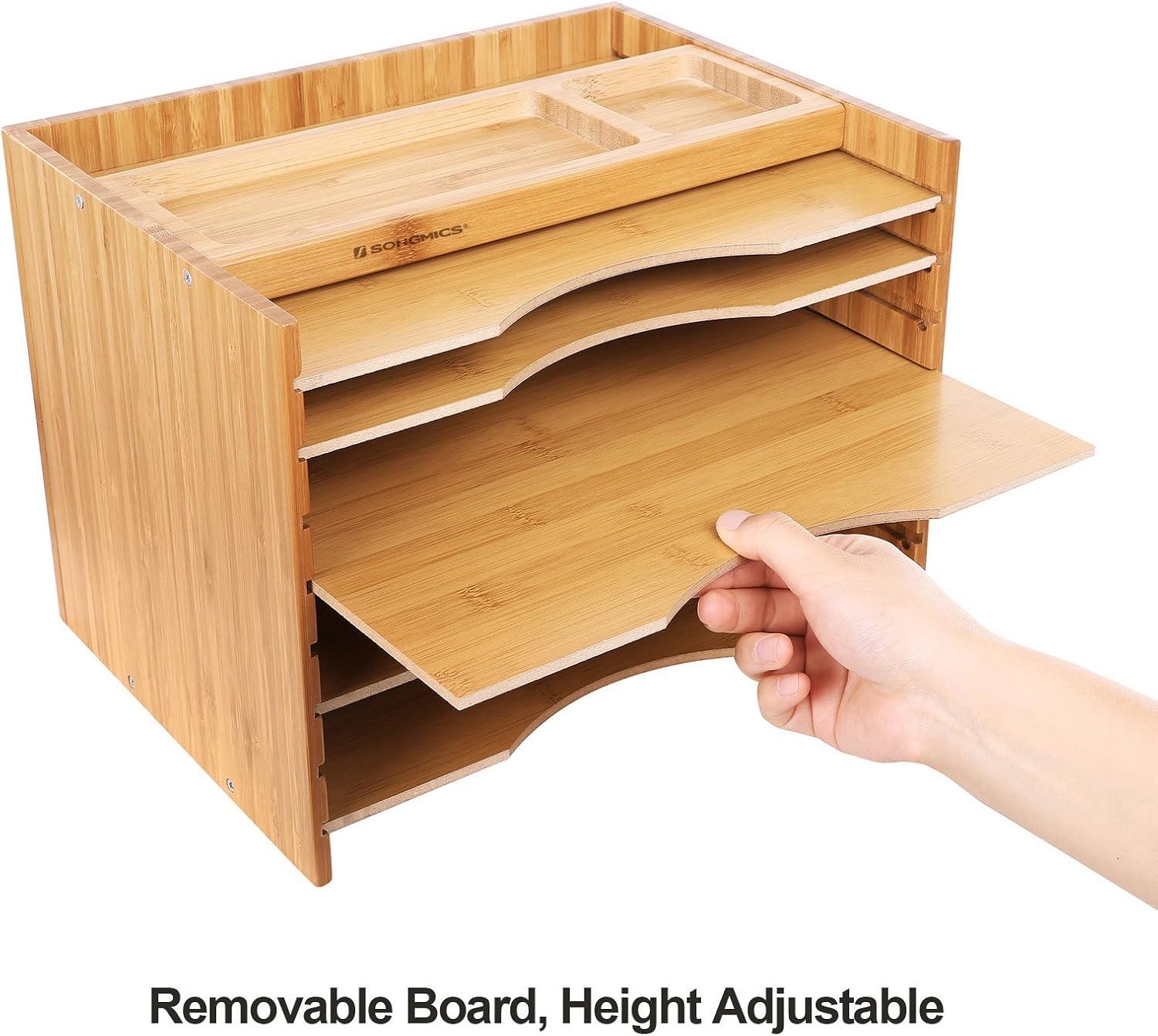 Natural Bamboo Adjustable 5-Tier File Organizer with Top Compartments