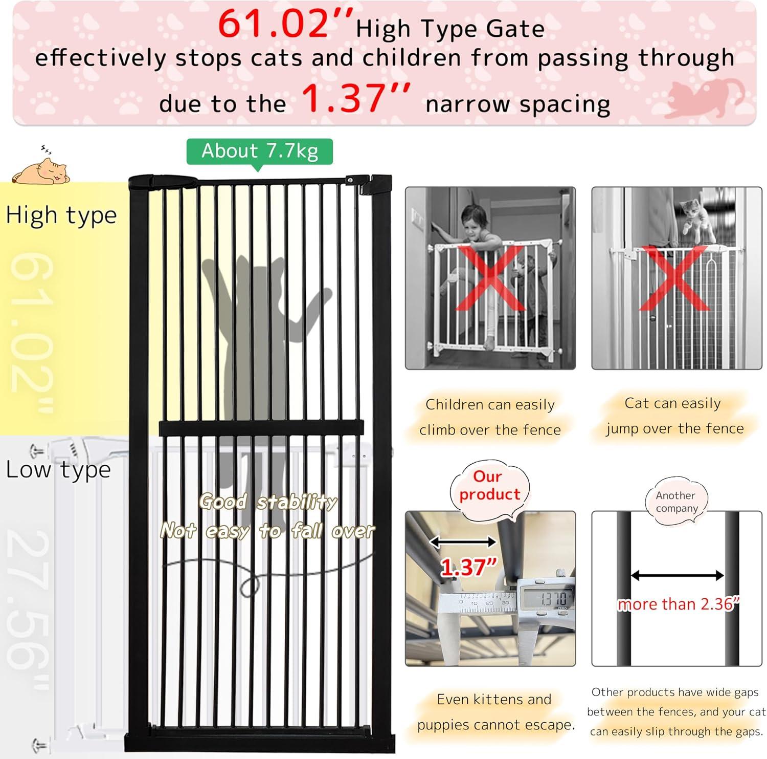 Lumizone Extra Tall Pet Gate 61.02" High Pressure Mounted 30.12"-34.05" Extra Wide (9 Sizes) 1.37" Gap for Cat Dog Children Stairs Doorway Hallway No Drilling Auto-Close (30.12"-34.05", Black)