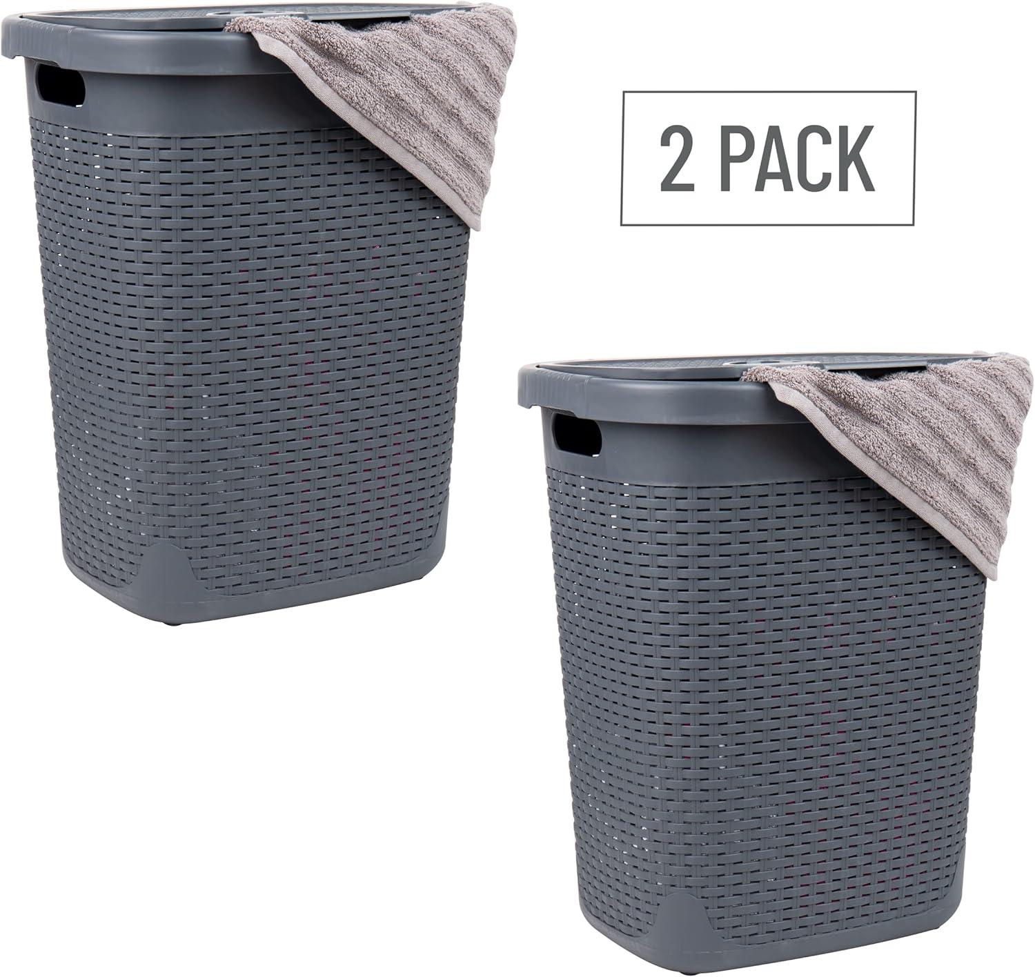 Mind Reader 50L Slim Laundry Hamper, Clothes Basket, Lid, Plastic, 17.65" L x 13.75" W x 21" H (Set of 2)