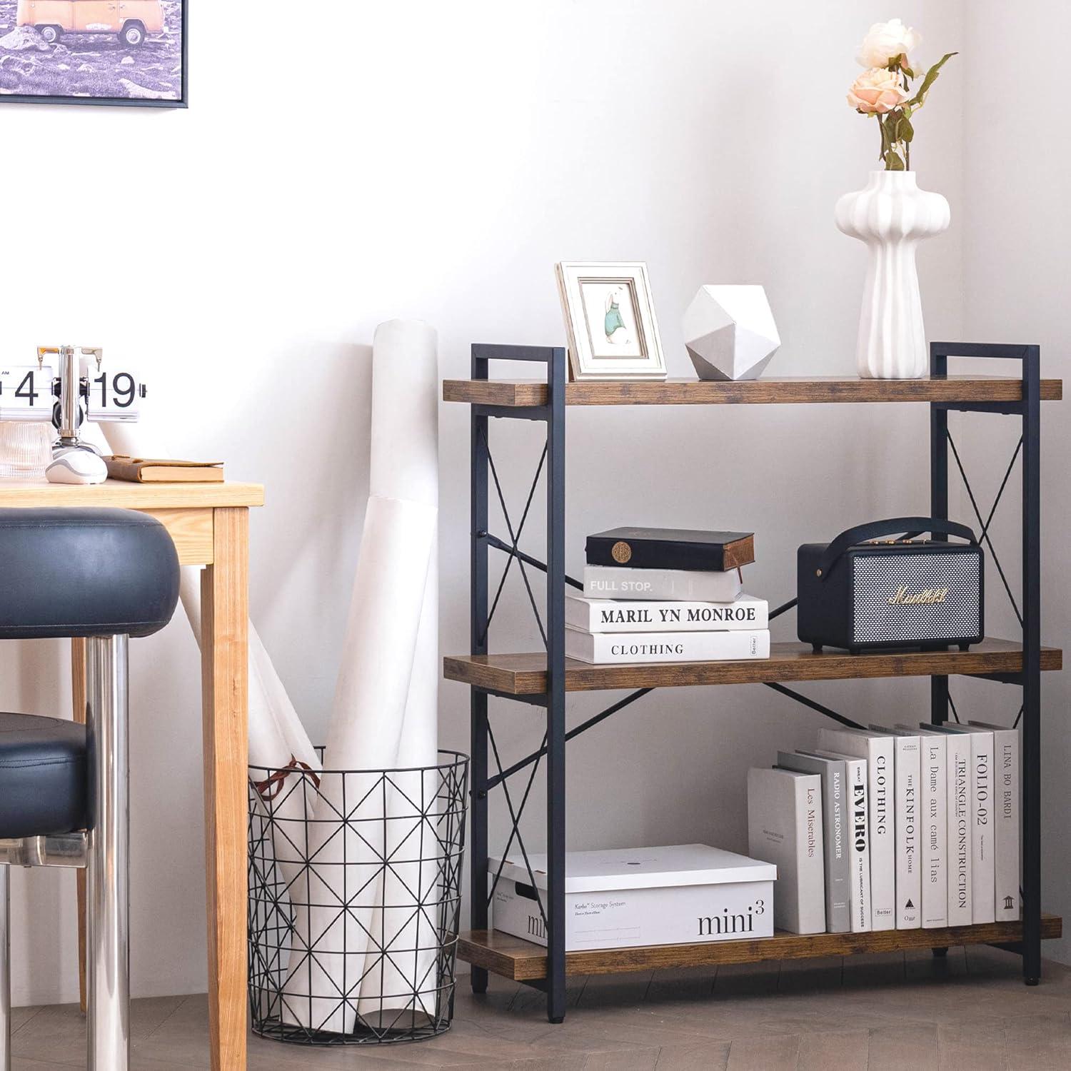 Rustic Brown 3-Tier Wood and Metal Industrial Bookshelf