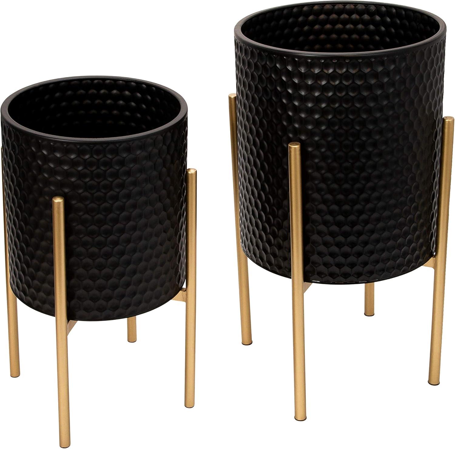 Sagebrook Home Set Of 2 Honeycomb Planter On Metal Stand, Black/Gold, Round, Iron, Contemporary, 23"H, Hexagon